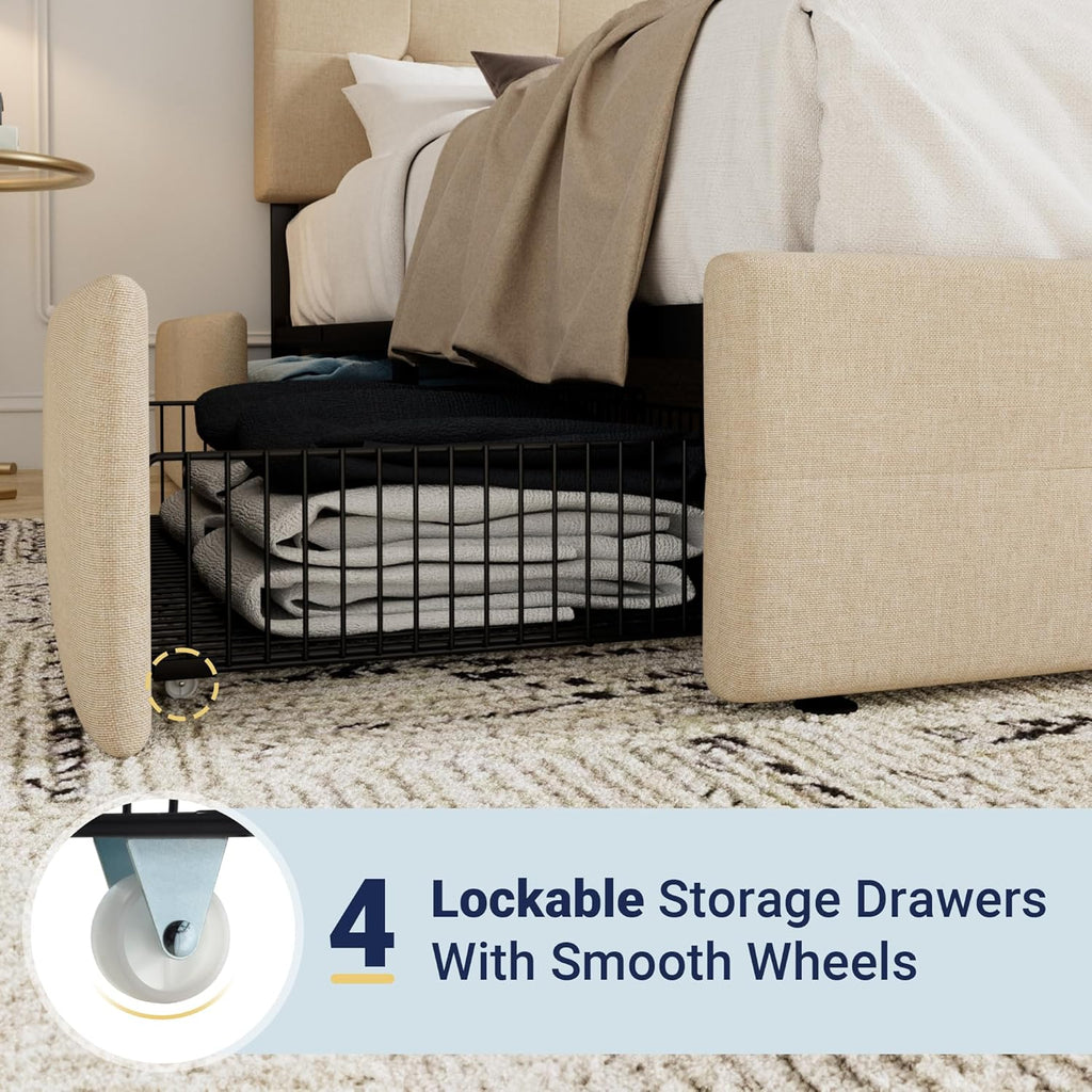 Cadre de lit plateforme Allewie rembourré Queen Size avec 4 tiroirs de rangement et tête de lit, capitonné à boutons à coutures carrées, sommier à lattes en bois, pas besoin de sommier.