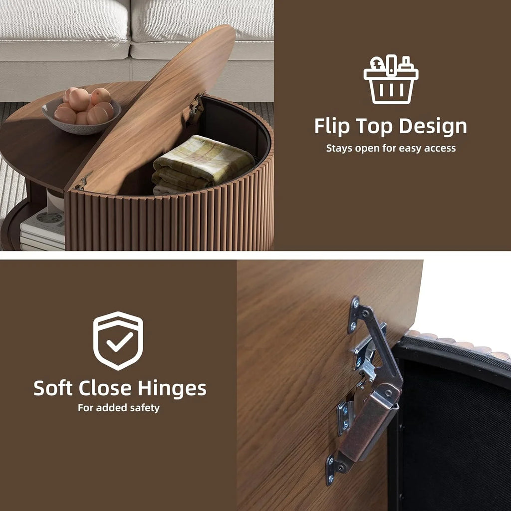 Table basse ronde avec rangement, table centrale encastrée avec portes coulissantes