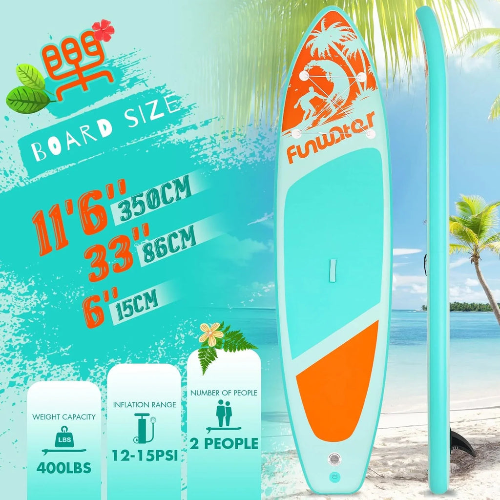 Planche de stand up paddle gonflable FunWater avec accessoires de pagaie SUP haut de gamme, pont EVA antidérapant, pagaie 11'/10'6'