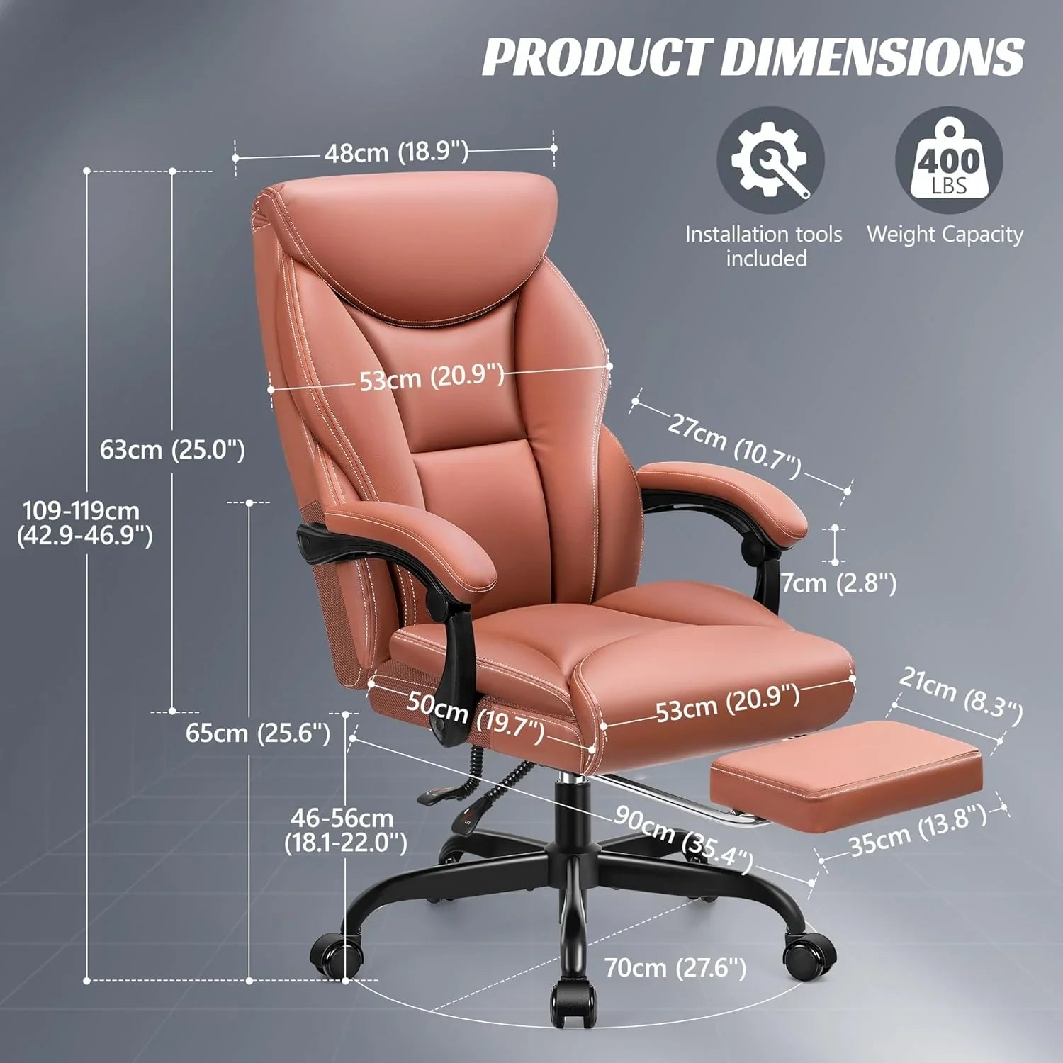 Chaise de bureau pivotante à pieds hauts, en cuir respirant, avec support lombaire