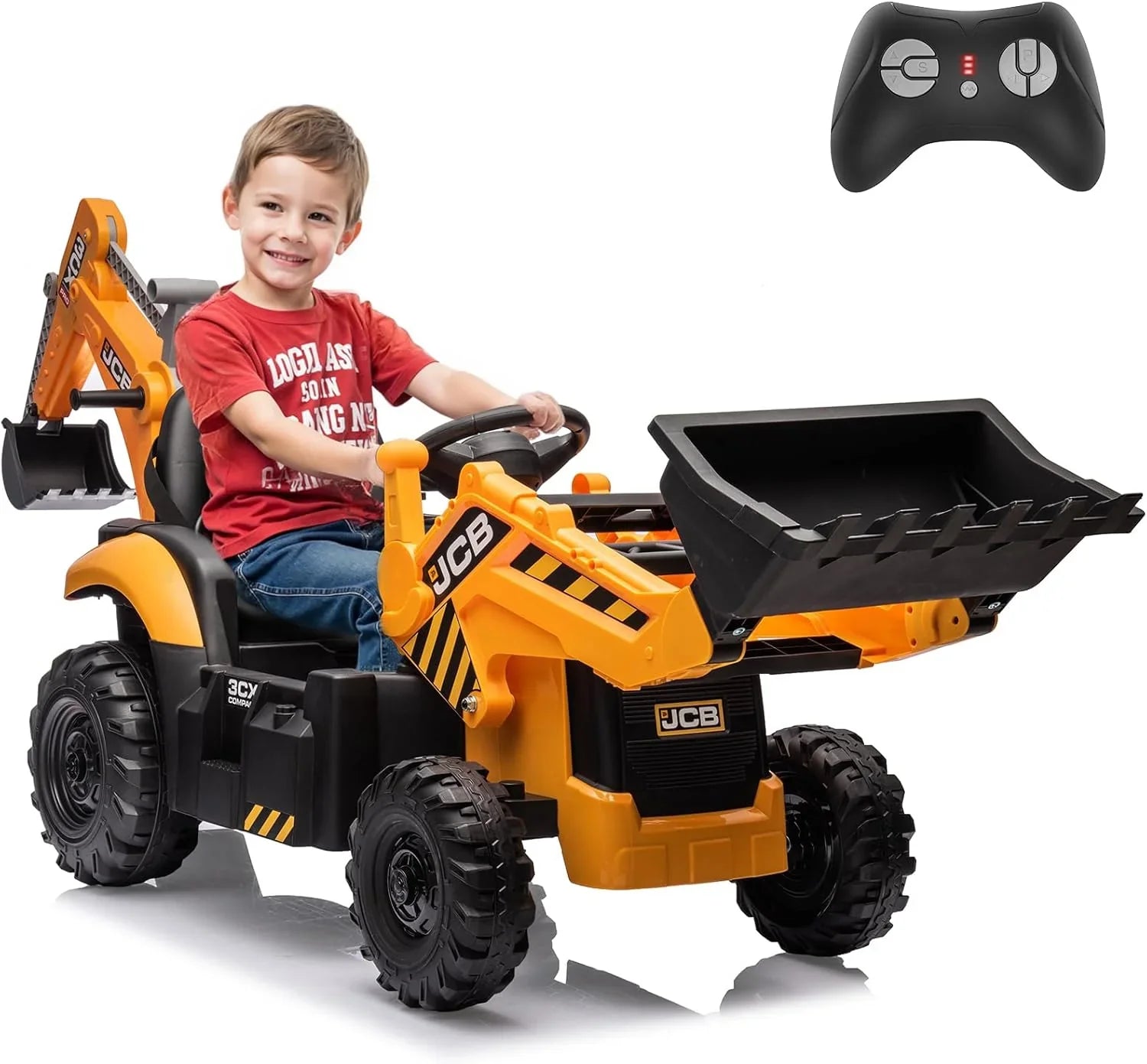 Pelleteuse autoportée JCB 12 V, jouet pour enfants de 4 à 8 ans, véhicule électrique pour enfants avec tracteur, bulldozer, bras de creusement et pelle rétrocaveuse.