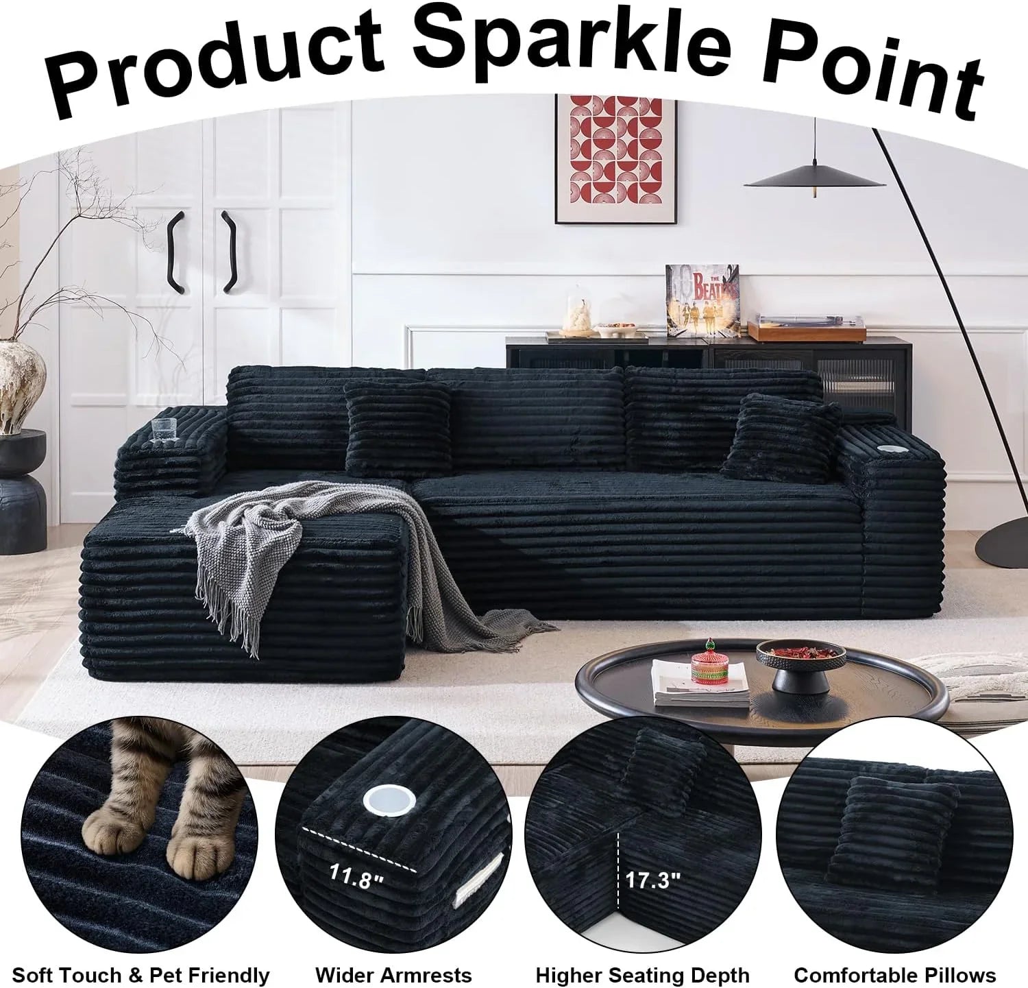 Canapé sectionnel Cloud avec méridienne en L, canapé modulaire moderne avec assise profonde, porte-gobelet intégré et poche de rangement