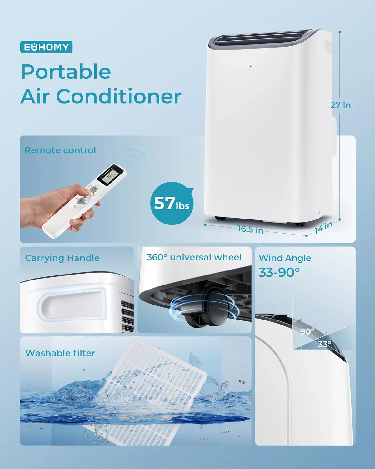 Climatiseur portatif EUHOMY 8 000 BTU, 4 en 1, couvre jusqu'à 350 pi², 4 modes, silencieux, avec télécommande, refroidissement, ventilateur, déshumidificateur