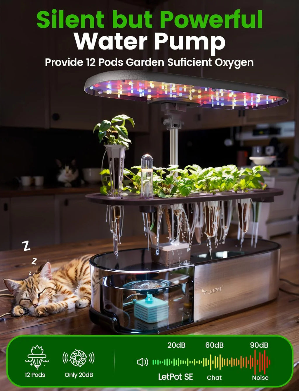 Système de plantation hydroponique, jardin d'intérieur intelligent pour 12 herbes aromatiques, contrôle par application et Wi-Fi, avec LED de croissance 24 W, réservoir d'eau 5,5 L, système de pompage et minuterie automatique.