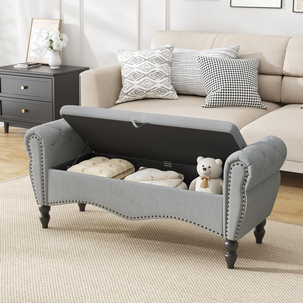 Tabouret de rangement moderne Furniliving, tabouret de bout de lit en bois massif Sherpa, tabouret rembourré tabouret d'intérieur