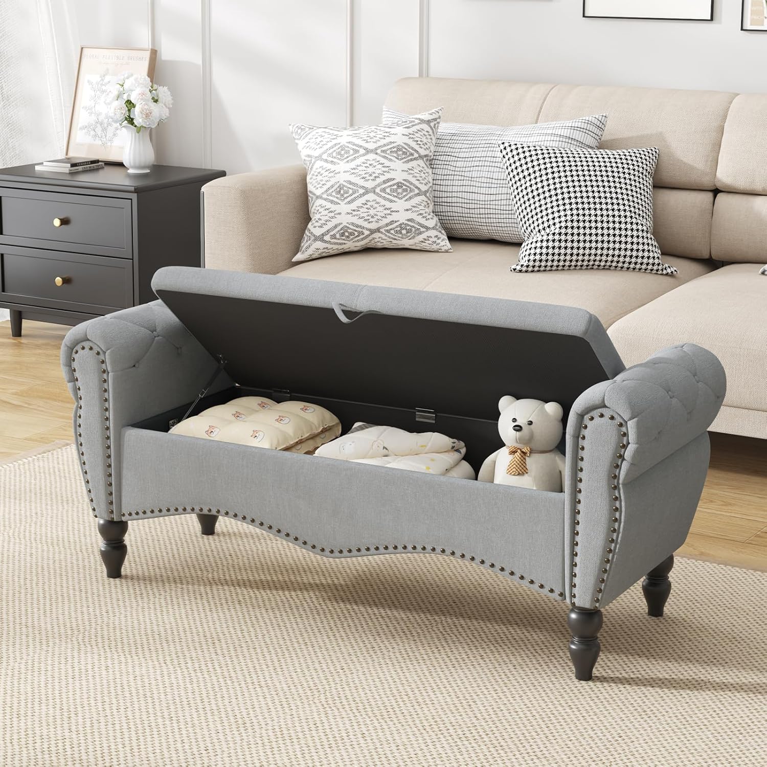 Tabouret de rangement moderne Furniliving, tabouret de bout de lit en bois massif Sherpa, tabouret rembourré tabouret d'intérieur