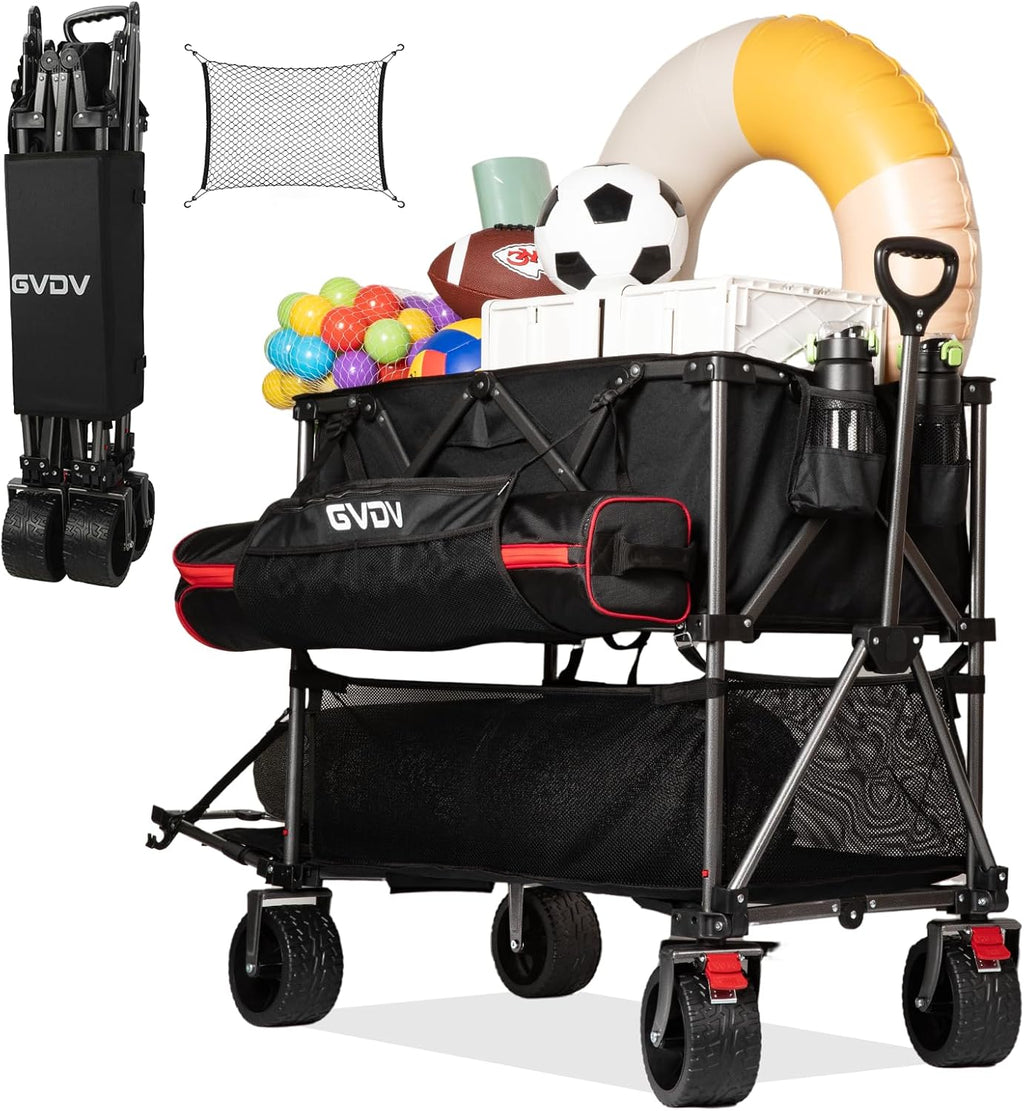 Chariot à deux étages, capacité de 500 lb, chariot pliable de 400 litres, roues tout-terrain, chariot extensible extra-long de 46 po, chariot pliable