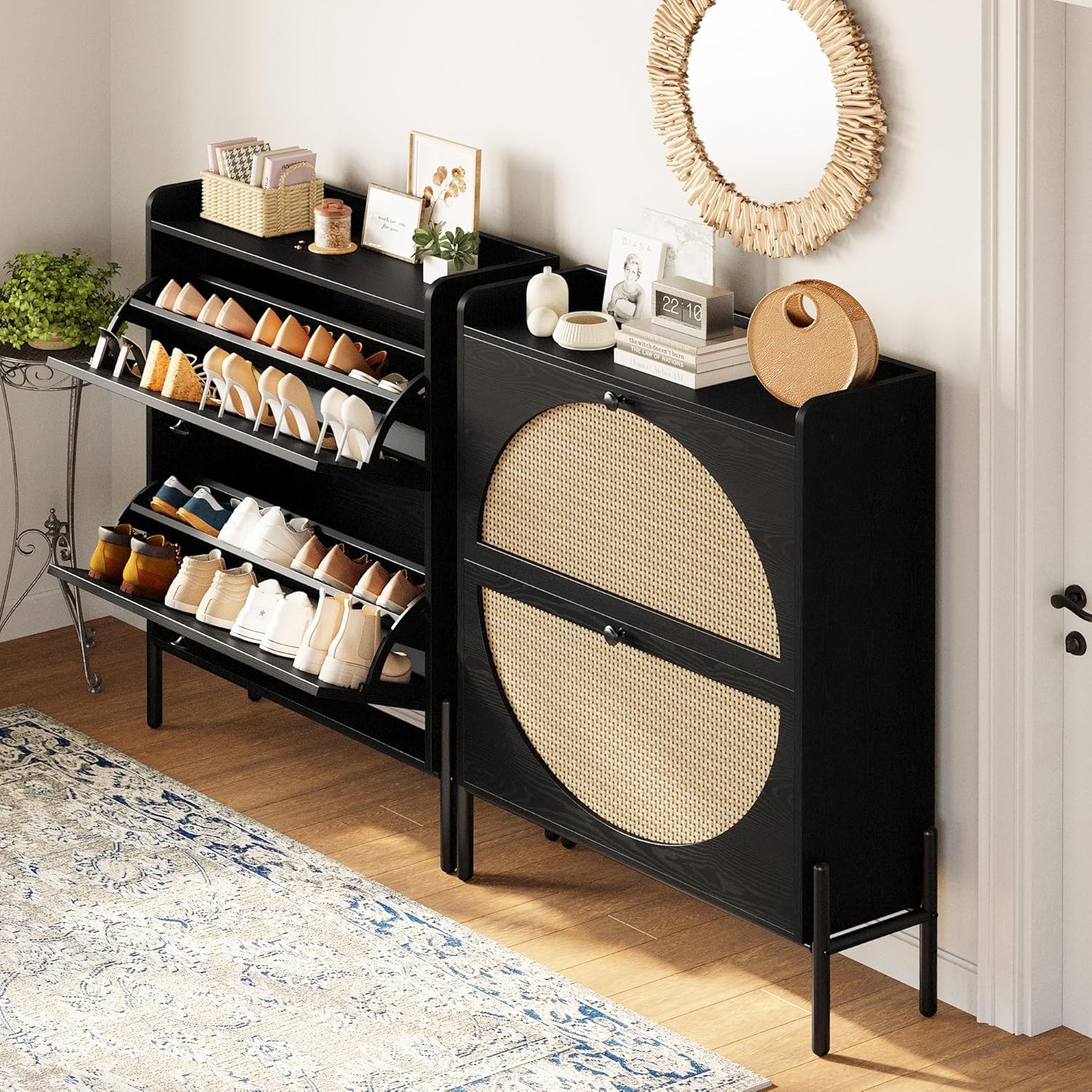 Meuble à chaussures IRONCK avec 2 tiroirs rabattables, meuble de rangement à chaussures indépendant en bois