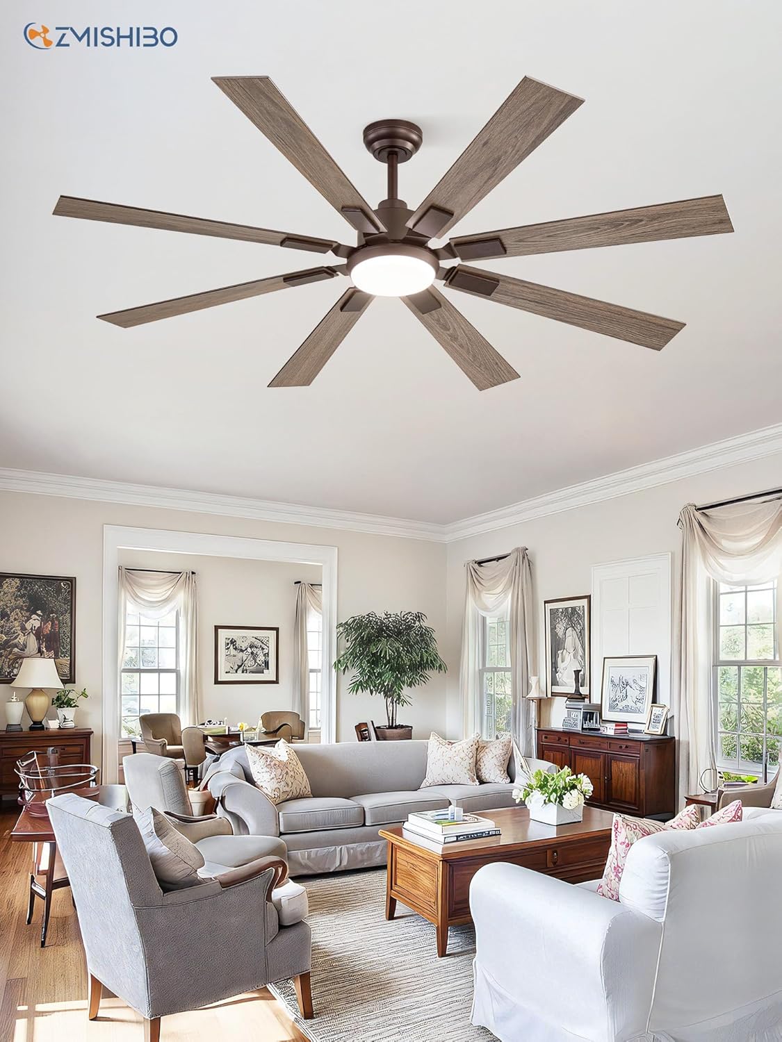 Grand ventilateur de plafond Zmishibo de 72 pouces avec éclairage et télécommande intérieur/extérieur