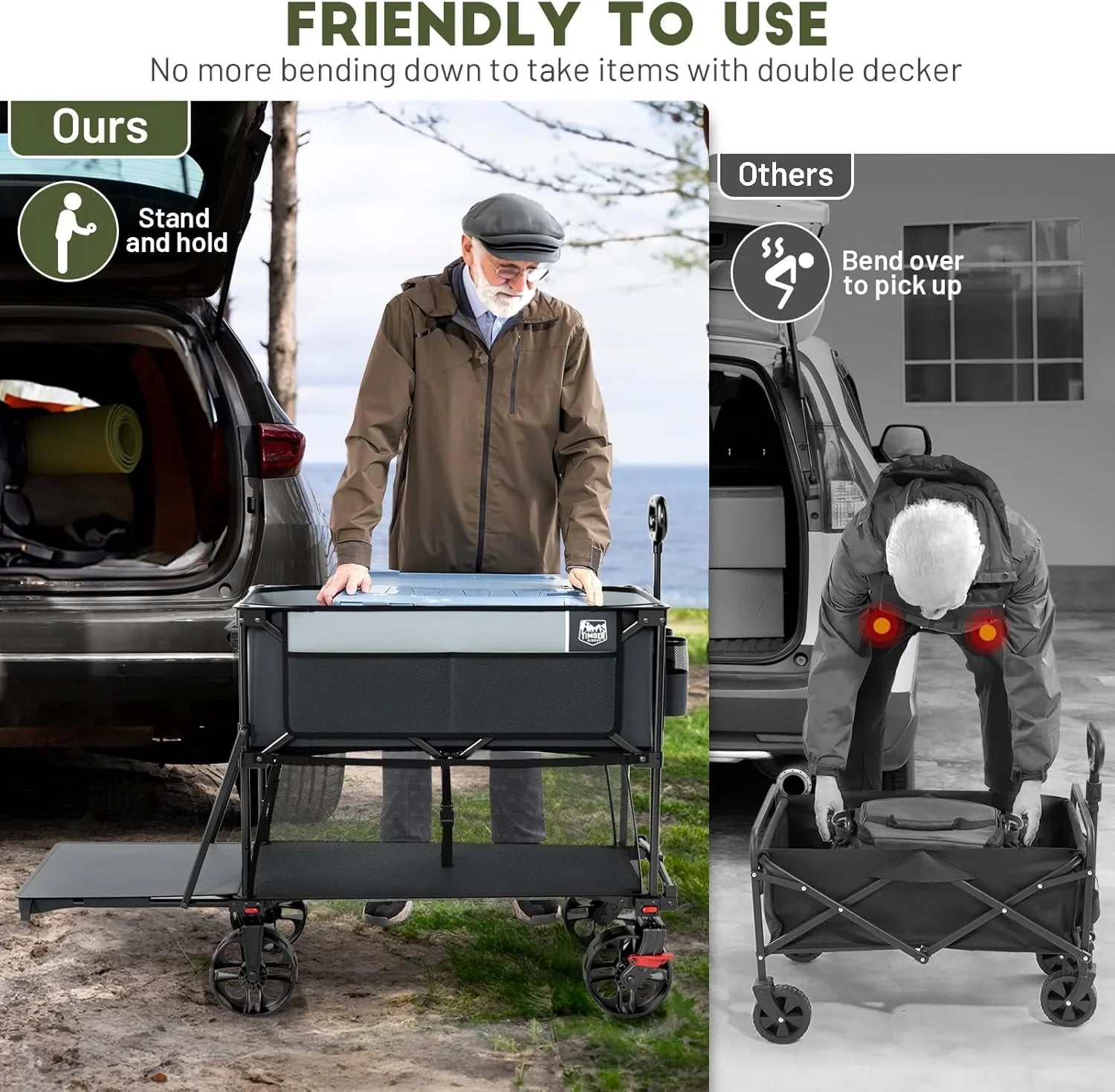 Chariot pliable à deux étages de grande capacité de 400 L avec freins, chariot extra-long de 54 pouces, chariot pliable robuste de 450 livres