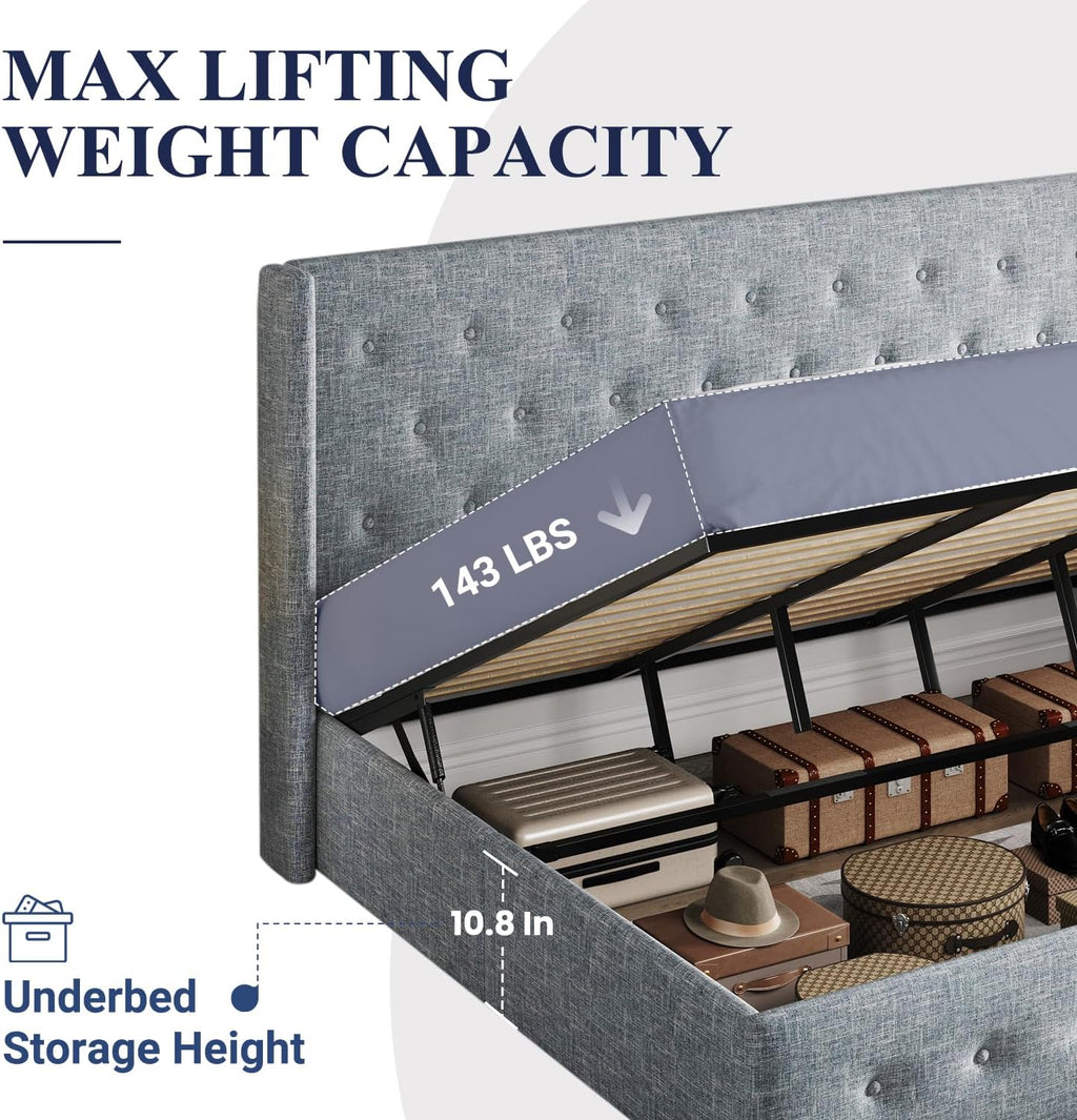 Lit queen-size relevable avec rangement Allewie, tête de lit à oreilles moderne et support hydraulique
