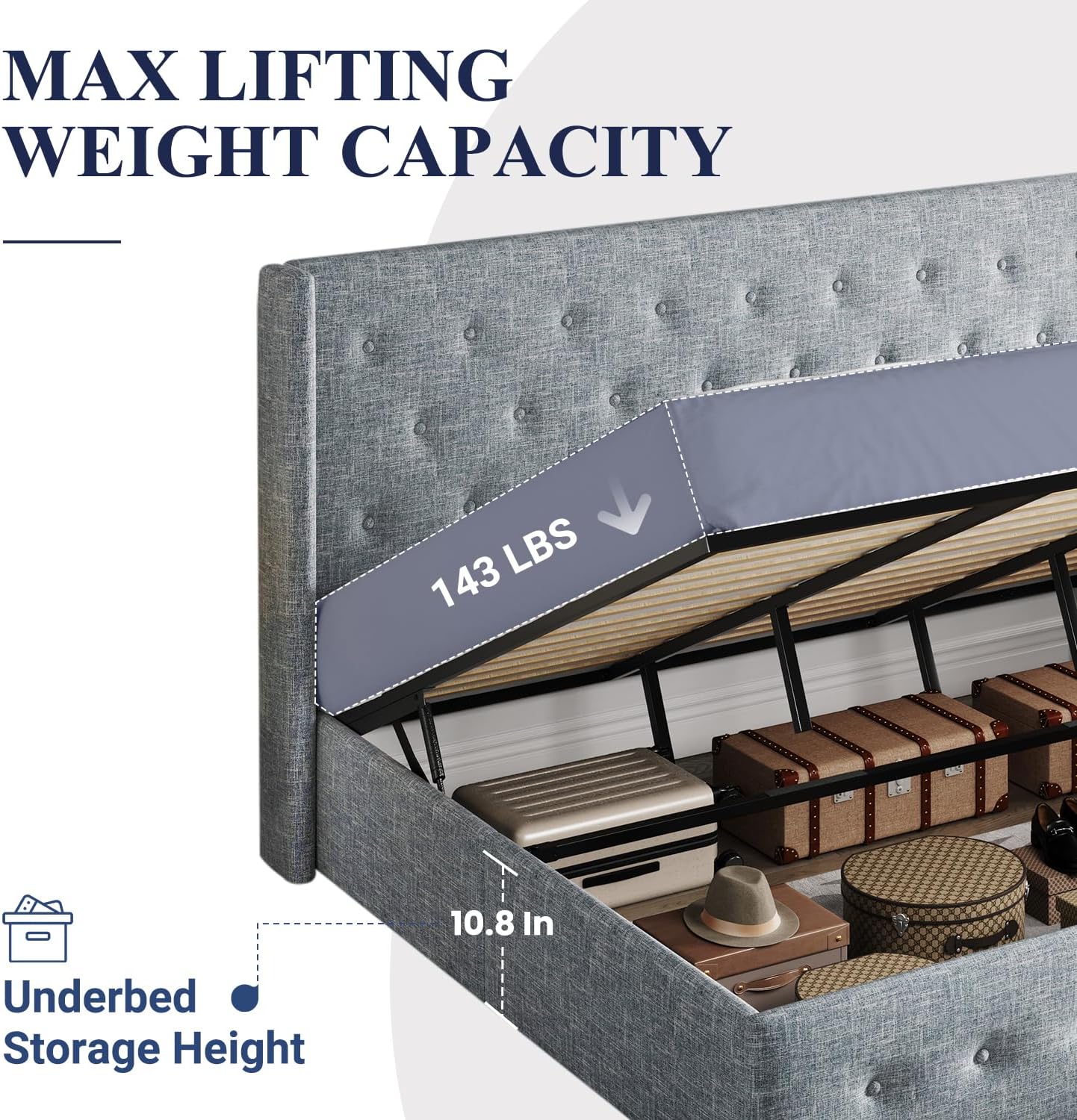 Lit queen-size relevable avec rangement Allewie, tête de lit à oreilles moderne et support hydraulique