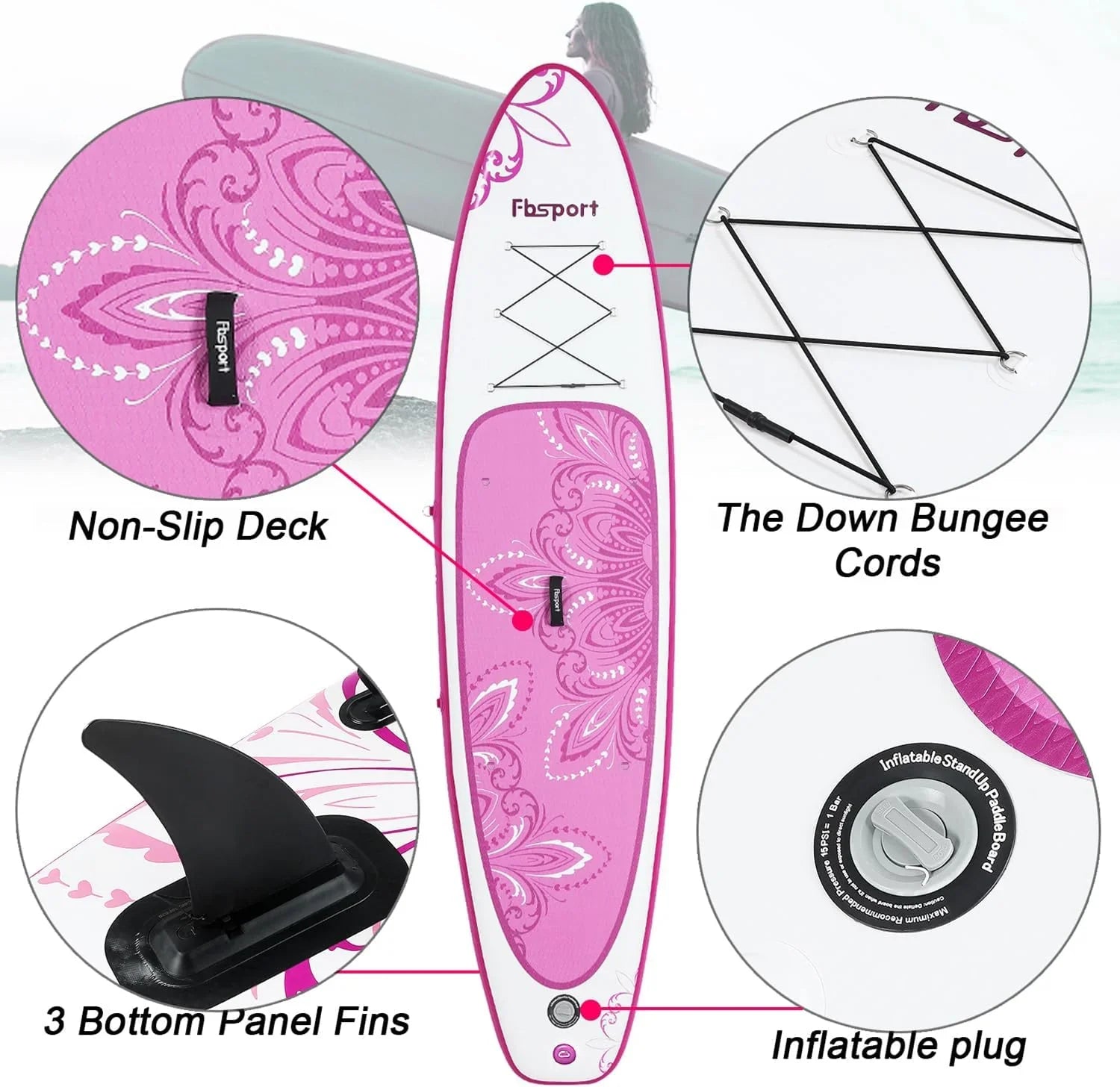 Planche de stand up paddle FBSPORT Premium 11', planche de yoga, contrôle du surf, pont antidérapant, attache, pagaie et pompe