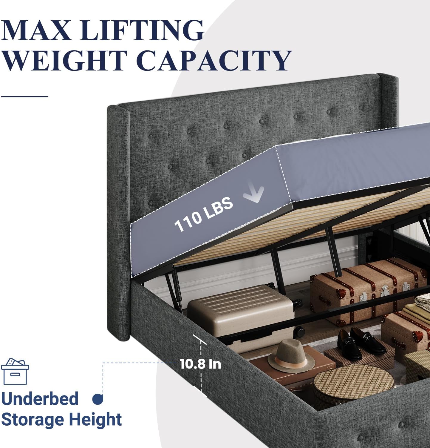 Lit queen-size relevable avec rangement Allewie, tête de lit à oreilles moderne et support hydraulique