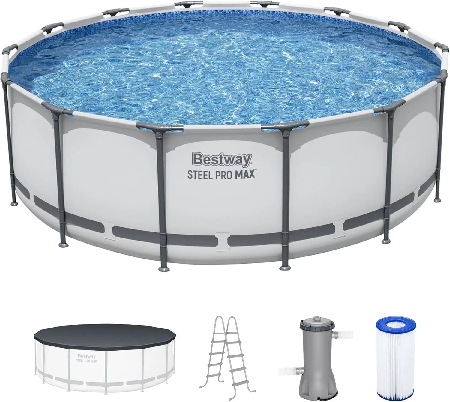 Piscine hors sol extérieure ronde Steel Pro MAX de 4,2 m x 122 cm avec cadre métallique et pompe de filtration de 1 000 litres, échelle et bâche