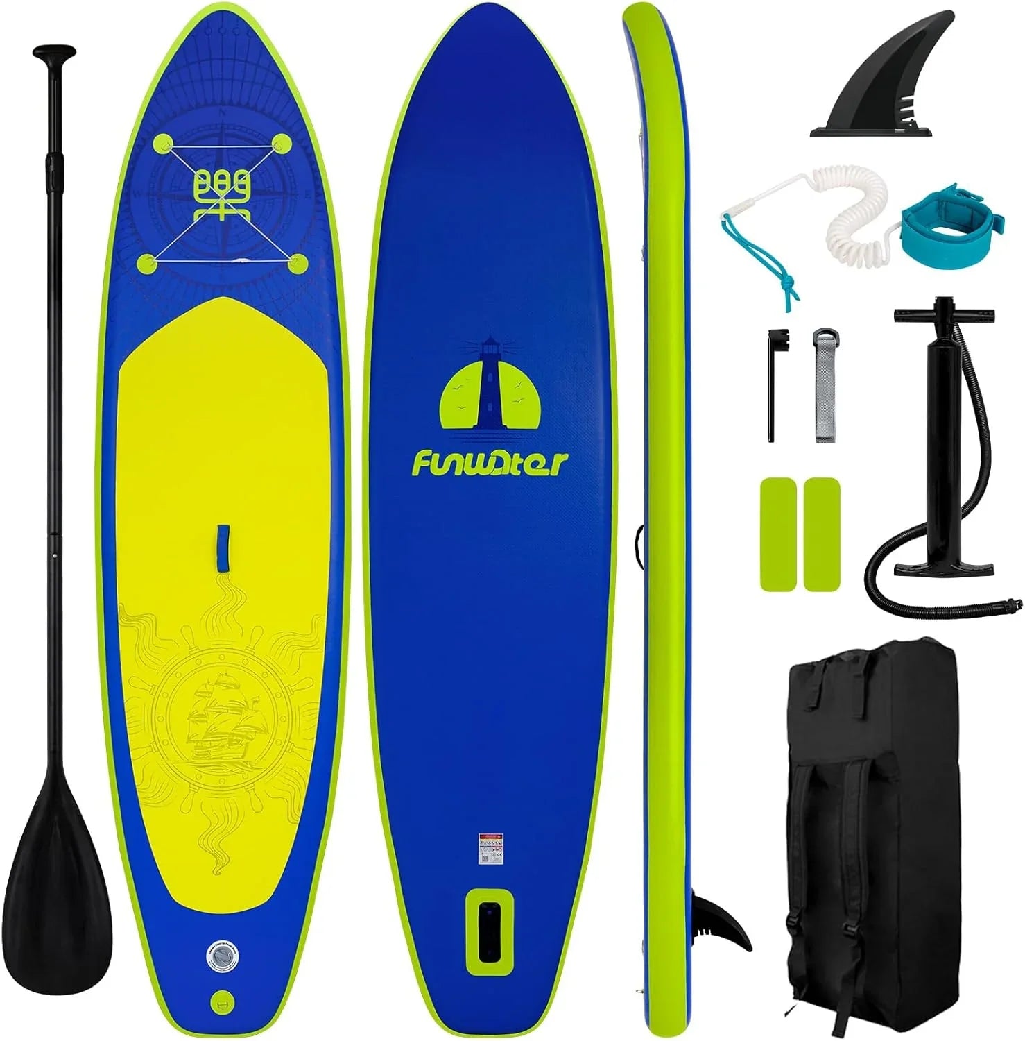 Planche de stand up paddle gonflable FunWater avec accessoires de pagaie SUP haut de gamme, pont EVA antidérapant, pagaie 11'/10'6'