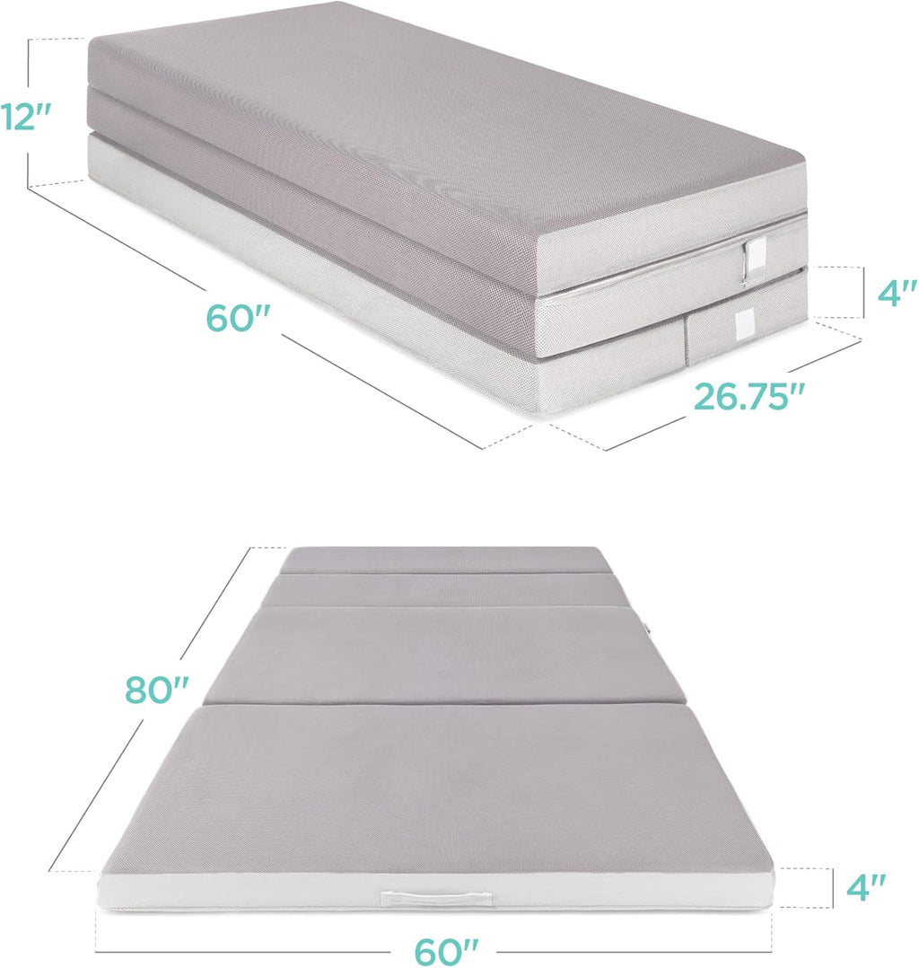 Matelas Queen Size portable de 4 pouces, matelas pliable en trois parties pour camping, invités et tout-petits