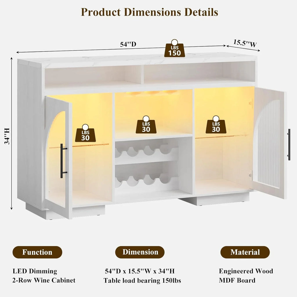 Buffet, armoire de cuisine de 54 pouces avec lumières LED et portes en verre cintrées, armoire de bar haute