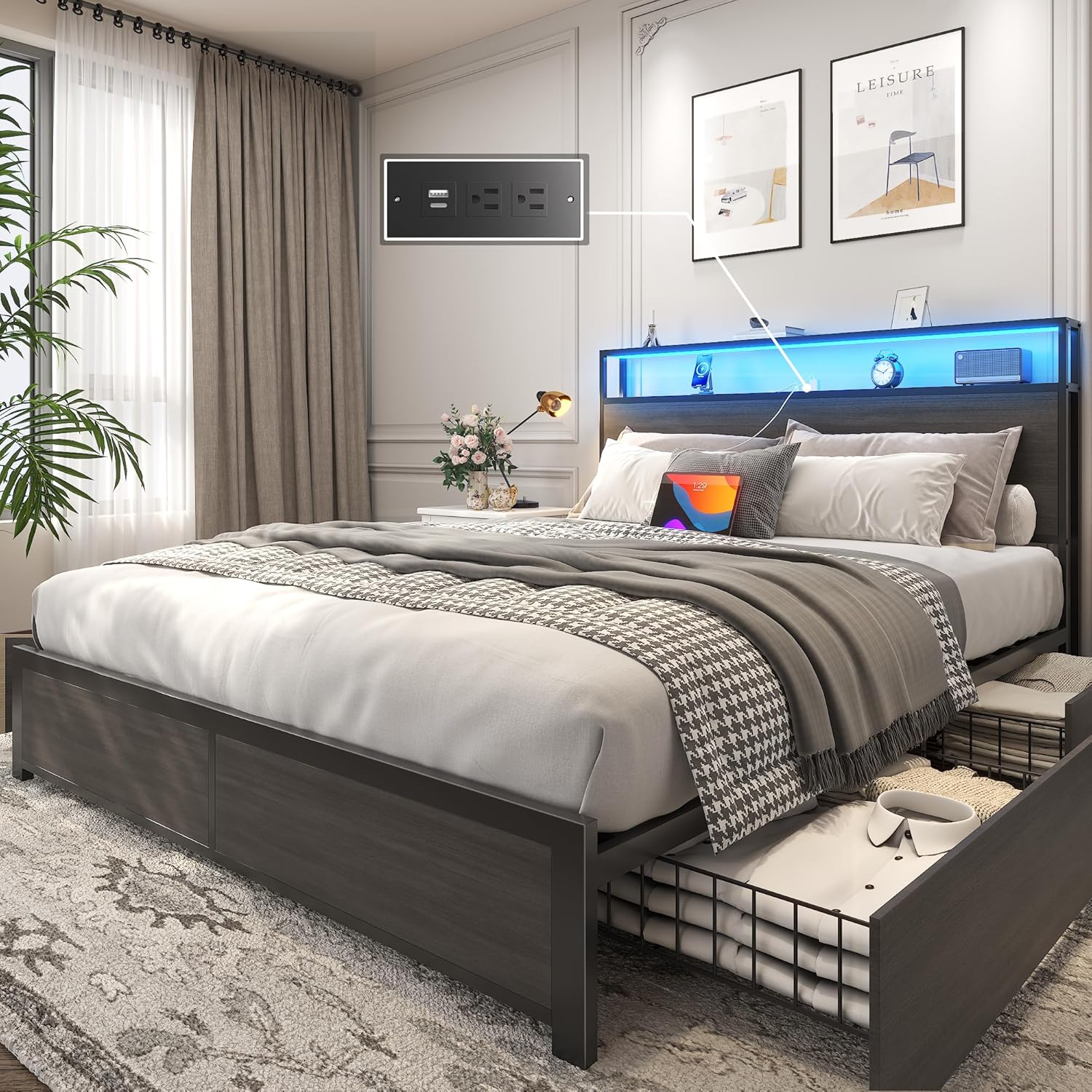 Cadre de lit Queen Lifezone avec tête de lit double et plateau de rangement en métal