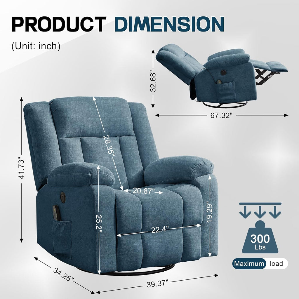 Fauteuil à bascule pour adulte, fauteuil inclinable coulissant, fauteuil à bascule rotatif à 360° avec fonction massage et chauffage