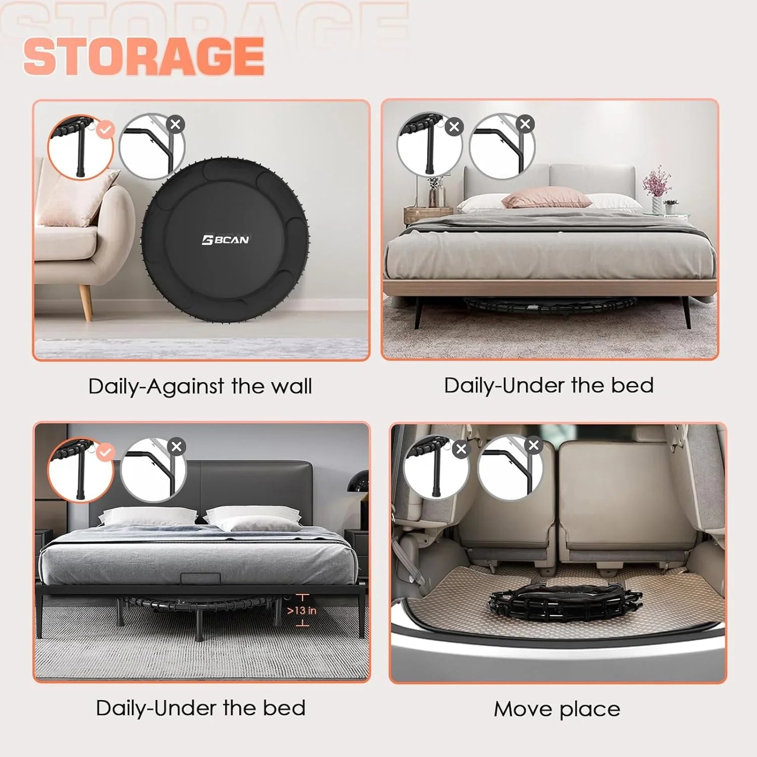 Mini-trampoline pliable BCAN 450/550 lb, trampoline de fitness 40"/48" stable et silencieux