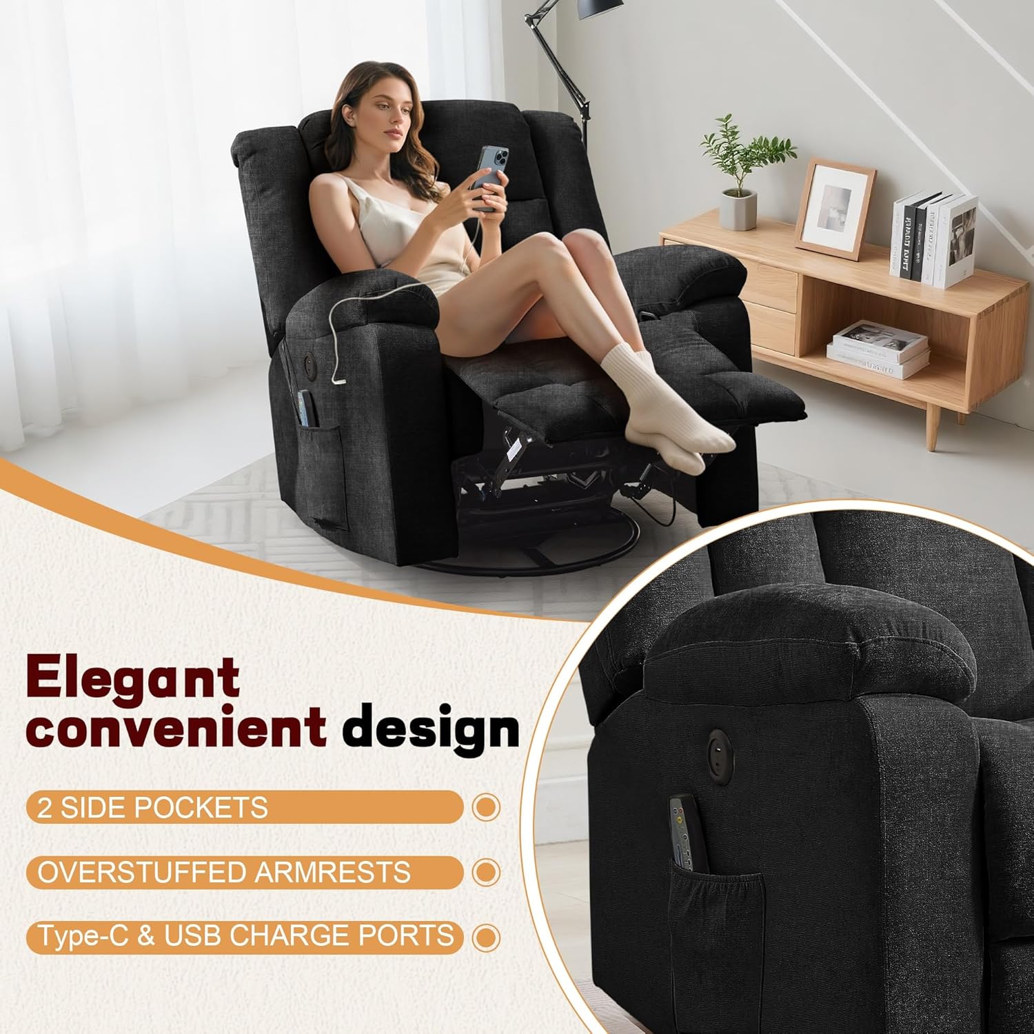 Fauteuil à bascule pour adulte, fauteuil inclinable coulissant, fauteuil à bascule rotatif à 360° avec fonction massage et chauffage