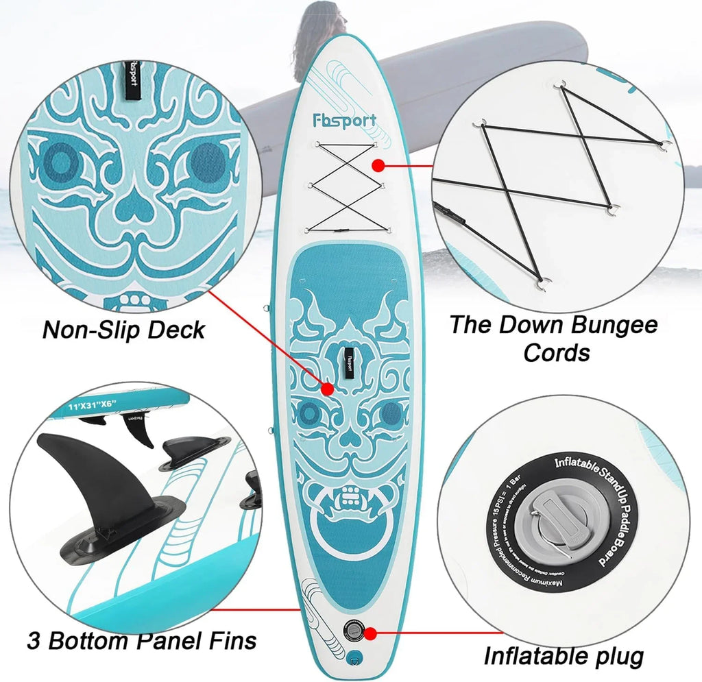 Planche de stand up paddle FBSPORT Premium 11', planche de yoga, contrôle du surf, pont antidérapant, attache, pagaie et pompe