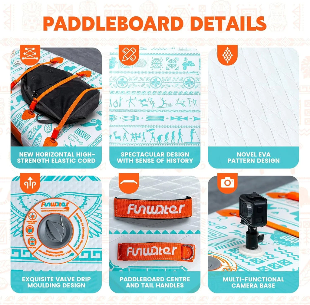 Planche de stand up paddle gonflable FunWater avec accessoires de pagaie SUP haut de gamme, pont EVA antidérapant, pagaie 11'/10'6'