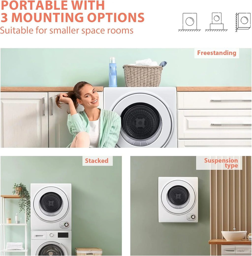 Sèche-linge compact, 3,5 pieds cubes, chargement frontal, acier inoxydable, avec tuyau d'évacuation, 1500 watts, panneau de commande LCD, sèche-linge portable à quatre fonctions