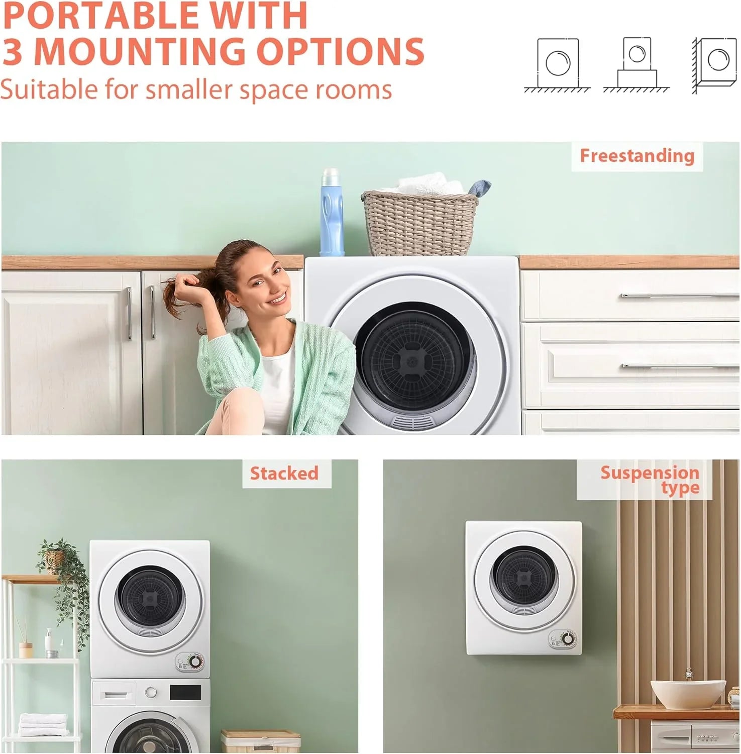 Sèche-linge compact, 3,5 pieds cubes, chargement frontal, acier inoxydable, avec tuyau d'évacuation, 1500 watts, panneau de commande LCD, sèche-linge portable à quatre fonctions