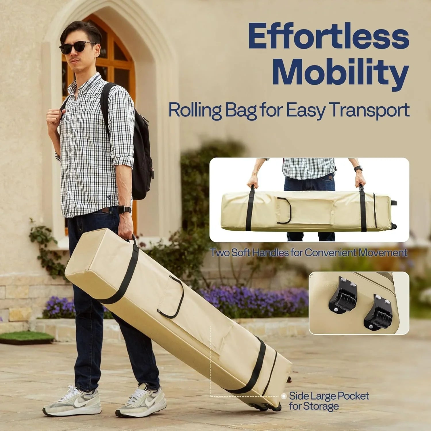 Auvent escamotable facile à monter de 10 x 10 pieds, tente moustiquaire d'extérieur avec moustiquaire, 2 portes à glissière et sac à roulettes