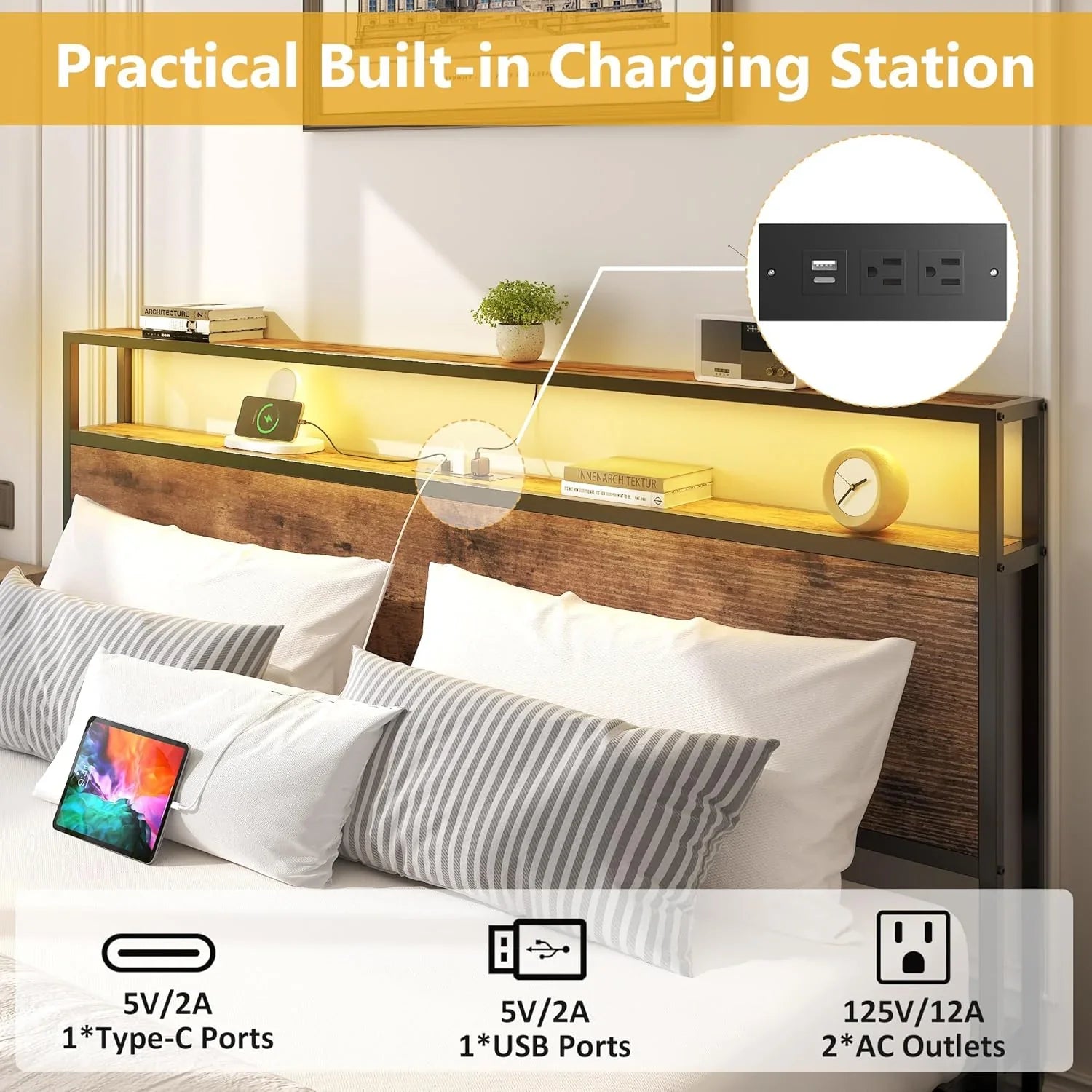 Cadre de lit Queen Lifezone avec tête de lit double et plateau de rangement en métal