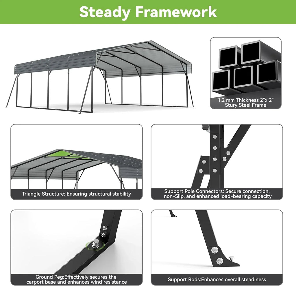 Abri d'auto en métal robuste de 10'x15', abri de garage extérieur avec cadre plus lourd