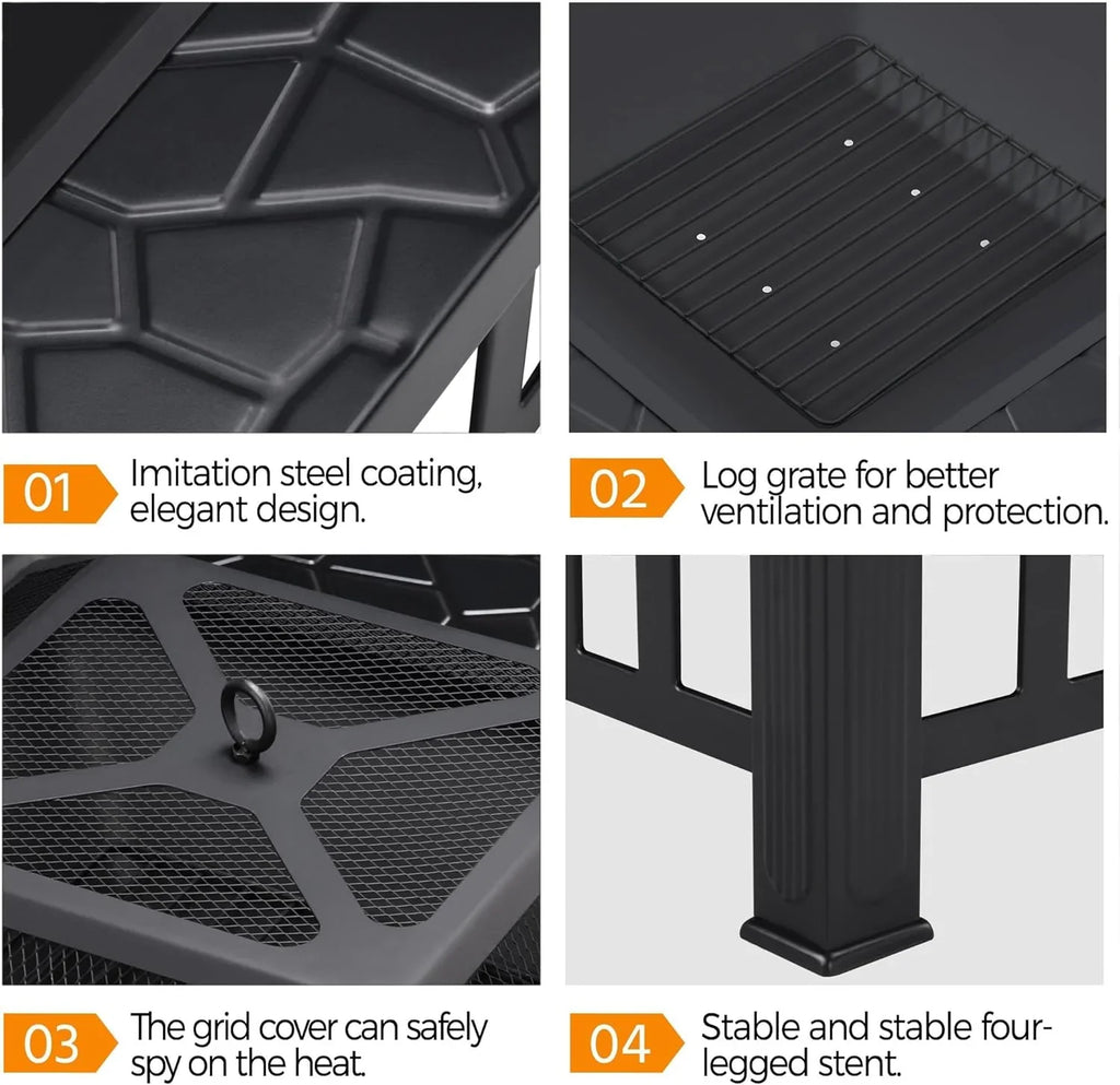 Yaheetech Table de foyer multifonctionnelle 32 pouces carré en métal foyer poêle arrière-cour patio jardin cheminée pour camping, chauffage extérieur, feu de joie et pique-nique