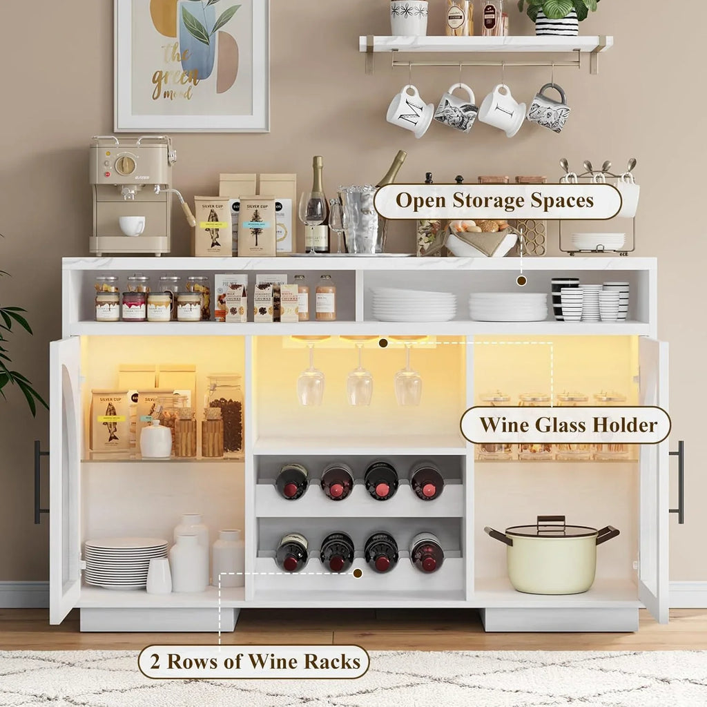 Buffet, armoire de cuisine de 54 pouces avec lumières LED et portes en verre cintrées, armoire de bar haute