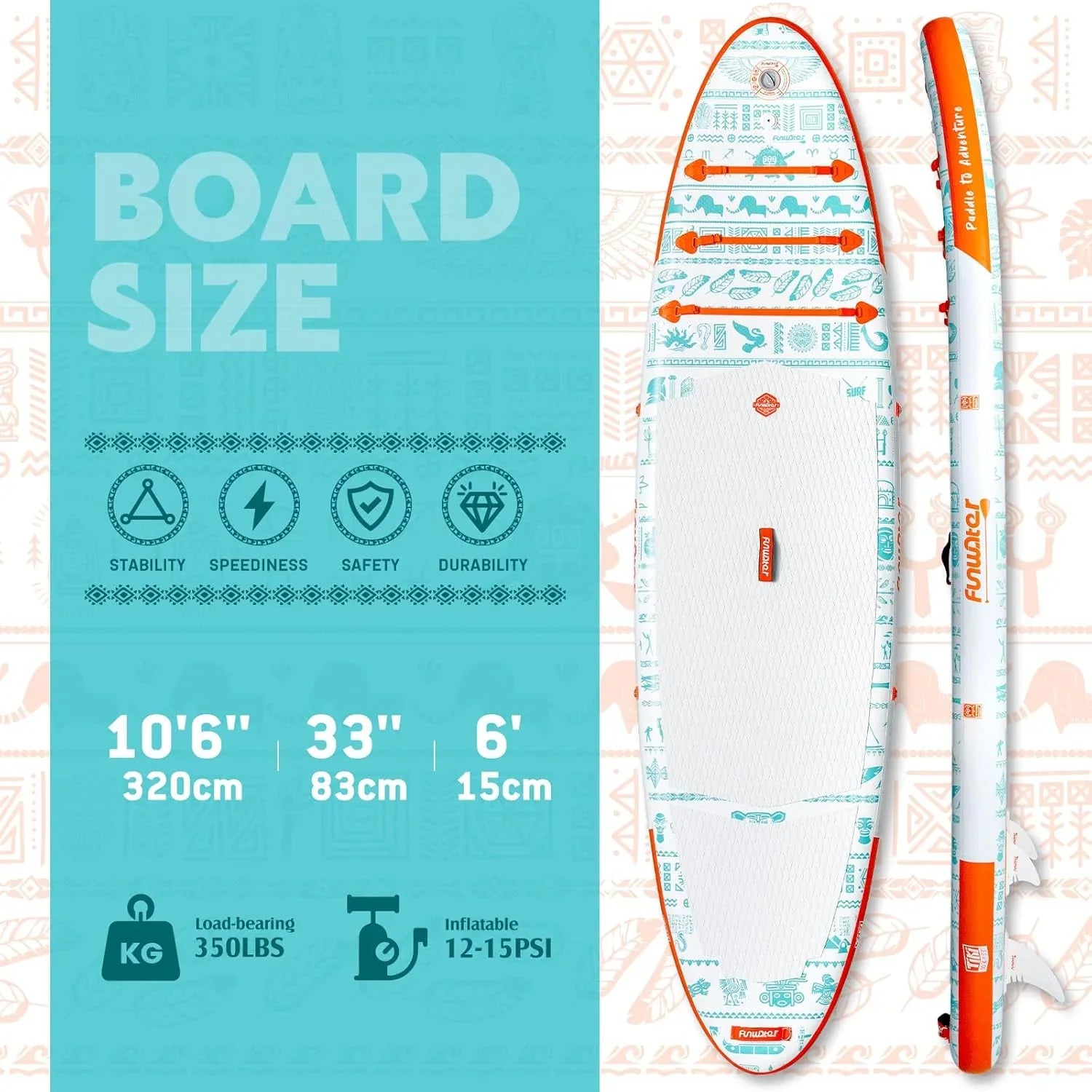 Planche de stand up paddle gonflable FunWater avec accessoires de pagaie SUP haut de gamme, pont EVA antidérapant, pagaie 11'/10'6'