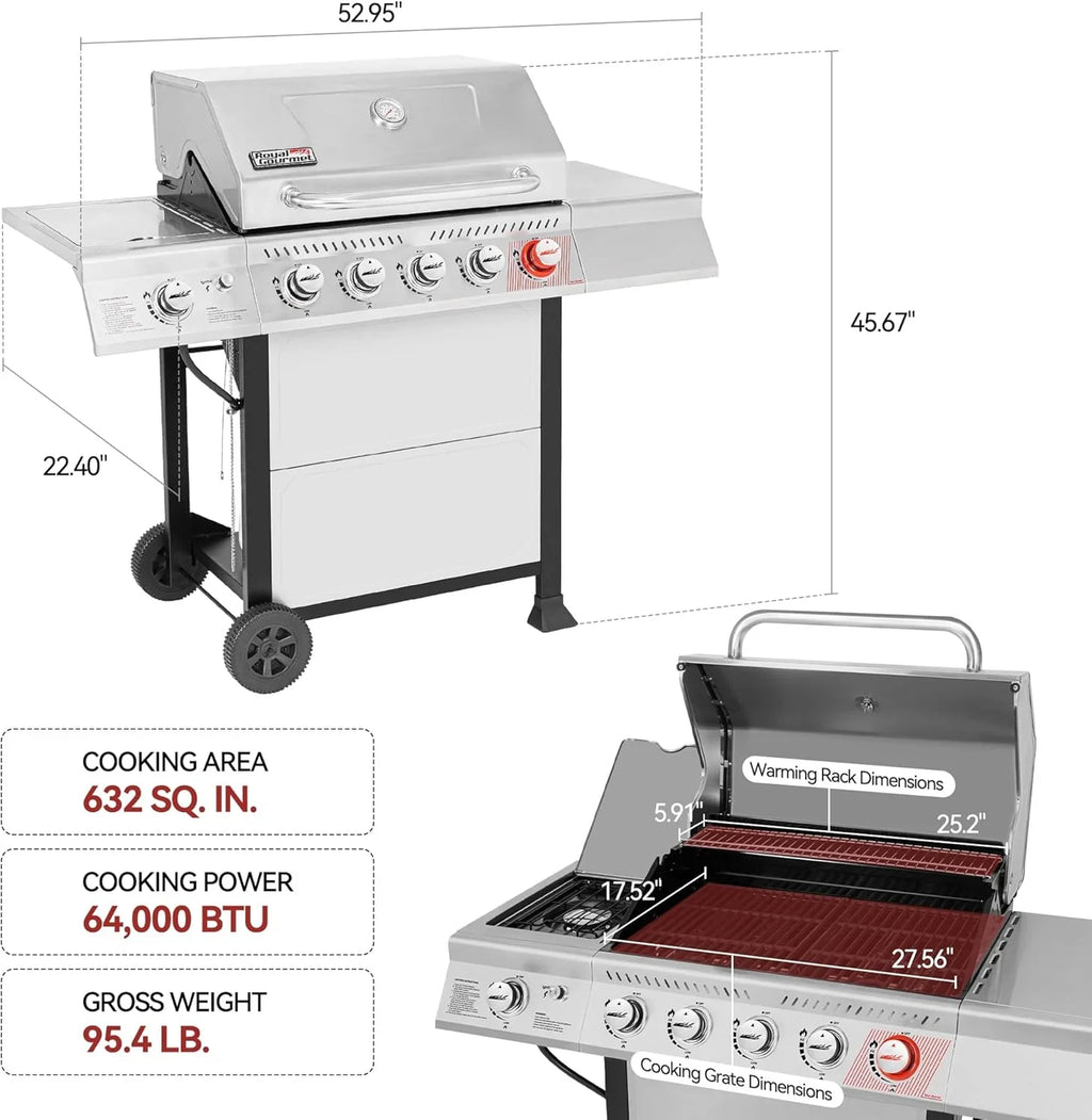 Barbecue au gaz propane Royal Gourmet GA5401T à 5 brûleurs avec gril et brûleurs latéraux, grille en acier inoxydable, surface de cuisson de 632 pouces carrés