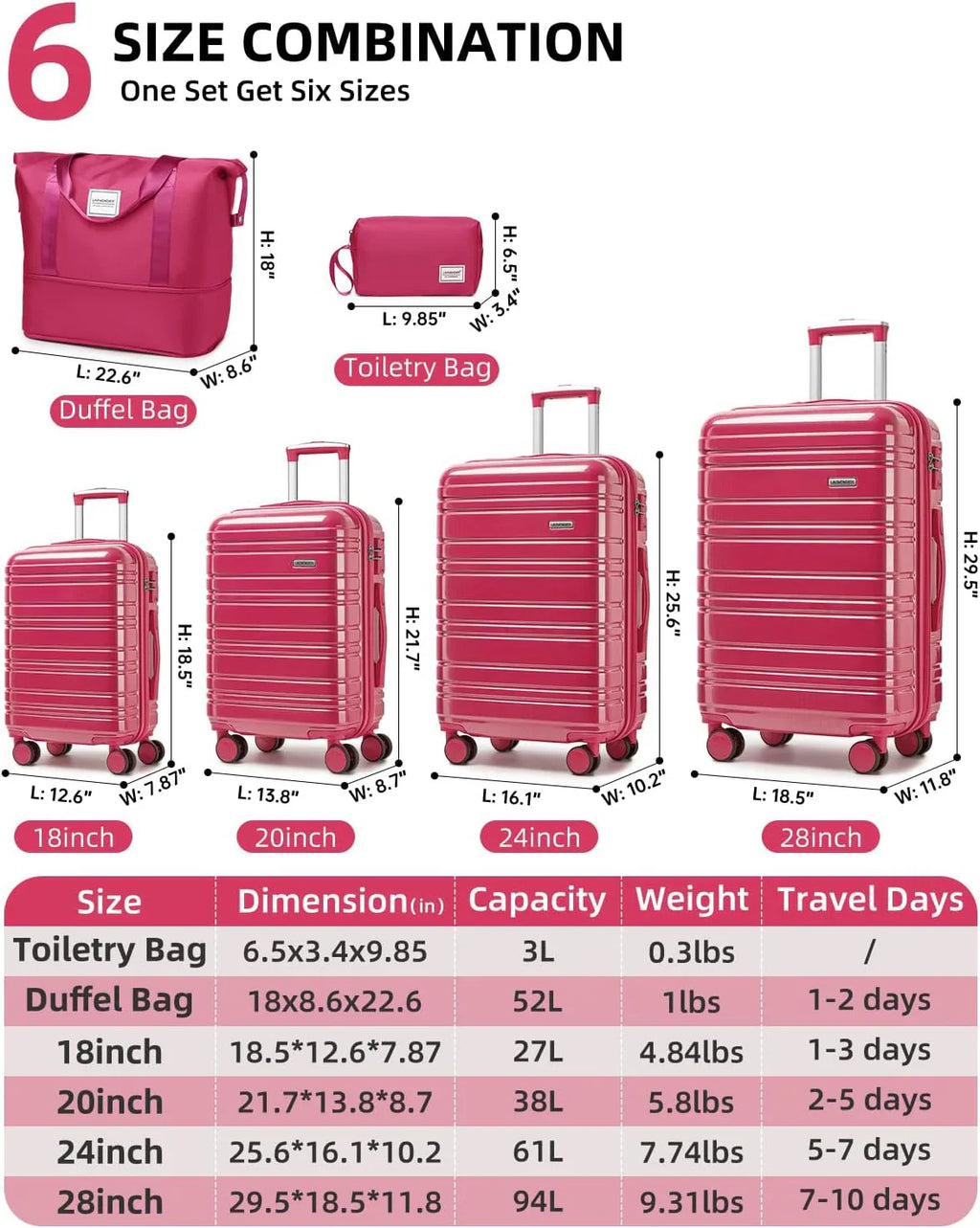 Ensemble de bagages 6 pièces, ensemble de valises rigides extensibles avec roulettes pivotantes, ensemble de bagages à roulettes légers