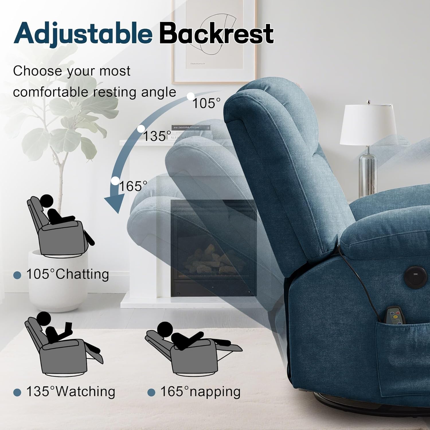 Fauteuil à bascule pour adulte, fauteuil inclinable coulissant, fauteuil à bascule rotatif à 360° avec fonction massage et chauffage