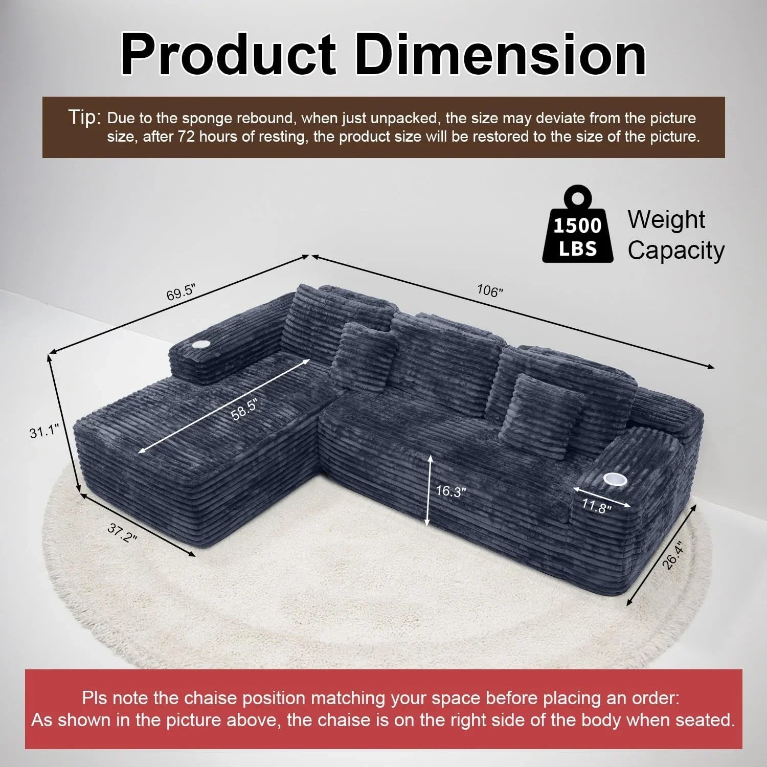 Cloud section sofa with L-shaped recliner, modern modular sofa, built-in cup holder