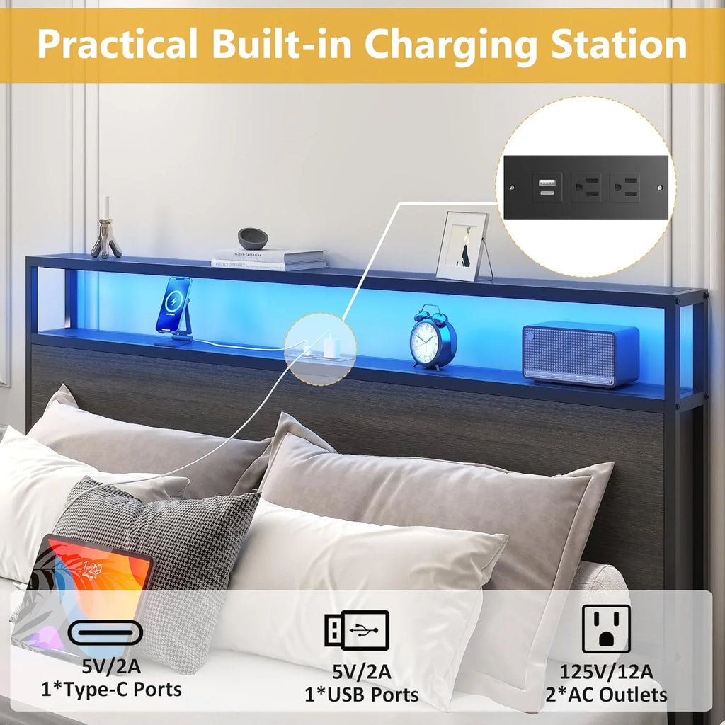 Cadre de lit Queen Lifezone avec tête de lit double et plateau de rangement en métal