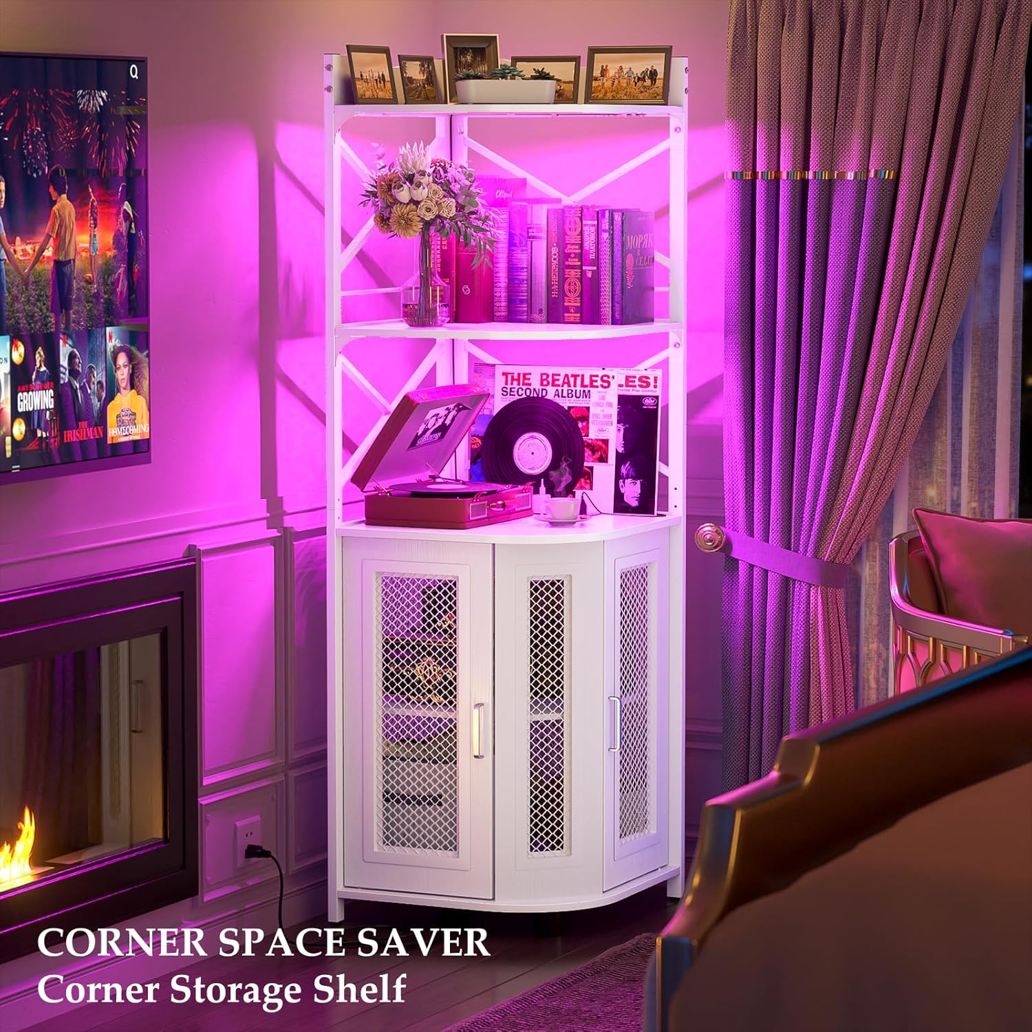 Meuble bar d'angle avec prise de courant, armoire à vin de style industriel avec bande lumineuse LED et support à verres, meuble bar à vin à cinq niveaux pour la maison, vitrine d'angle pour petit espace