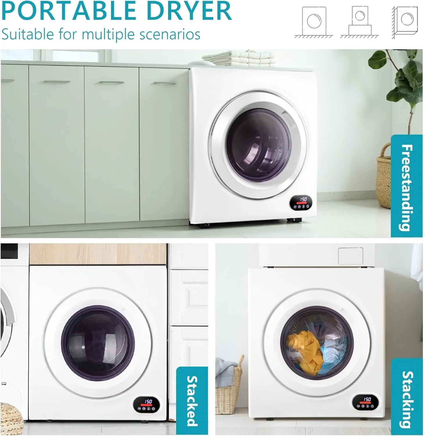 Sèche-linge compact, 3,5 pieds cubes, chargement frontal, acier inoxydable, avec tuyau d'évacuation, 1500 watts, panneau de commande LCD, sèche-linge portable à quatre fonctions
