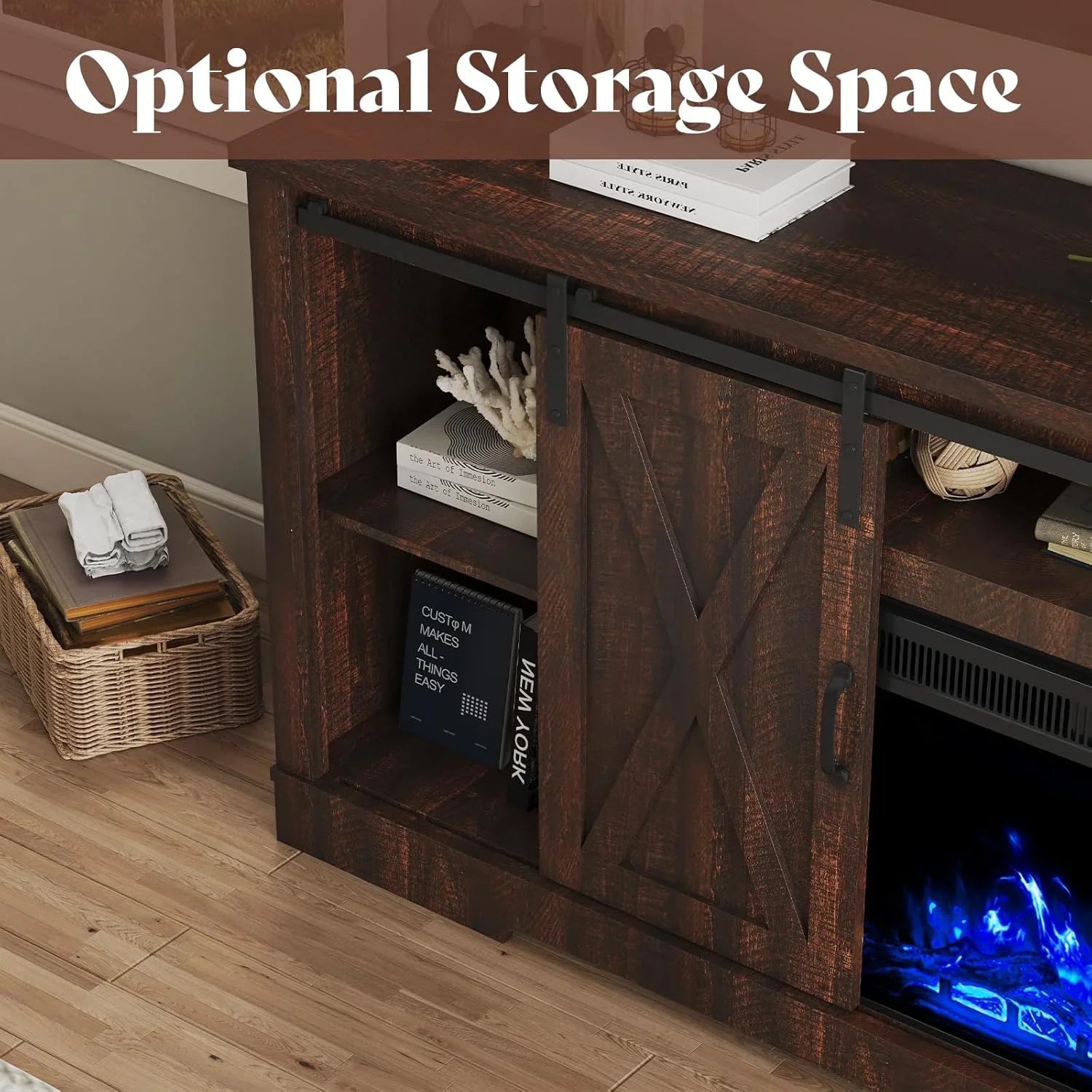 Meuble TV avec cheminée AMERLIFE et portes coulissantes style grange, compatible avec les téléviseurs jusqu'à 73 pouces, centre de divertissement avec cheminée de style ferme