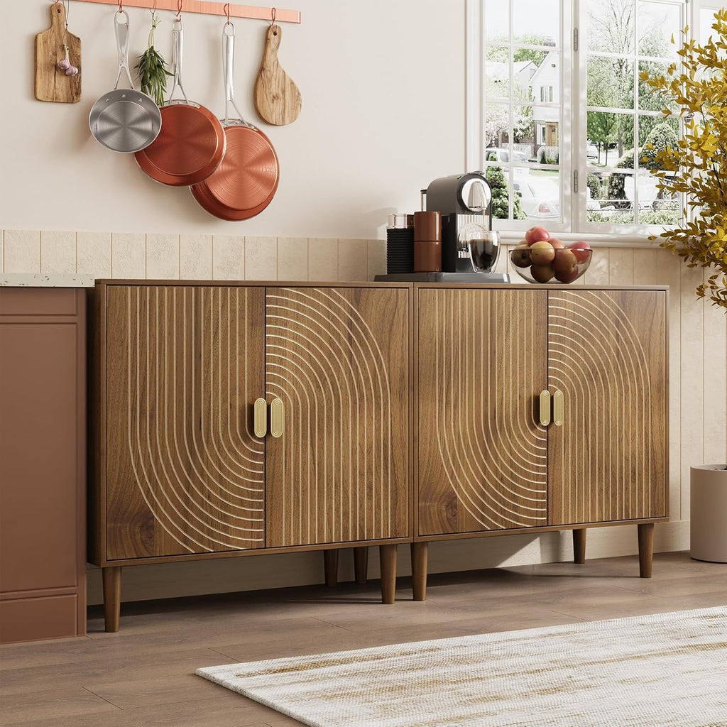 Buffet en noyer, meuble de salle à manger indépendant avec design de canal de câble, meuble de rangement en bois avec étagères réglables