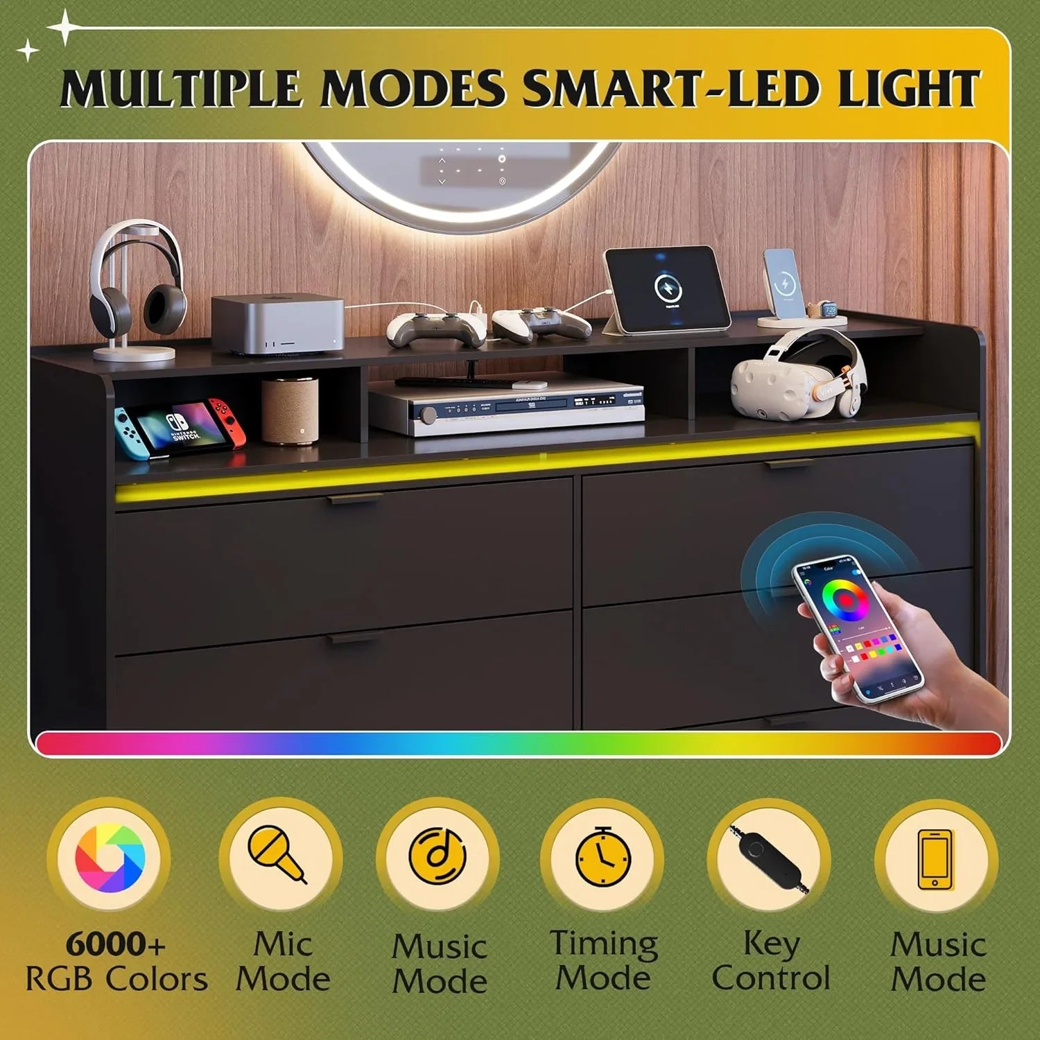 Commode LED à 9 tiroirs pour chambre à coucher, 148 cm de large, organiseur de rangement en bois avec prise électrique