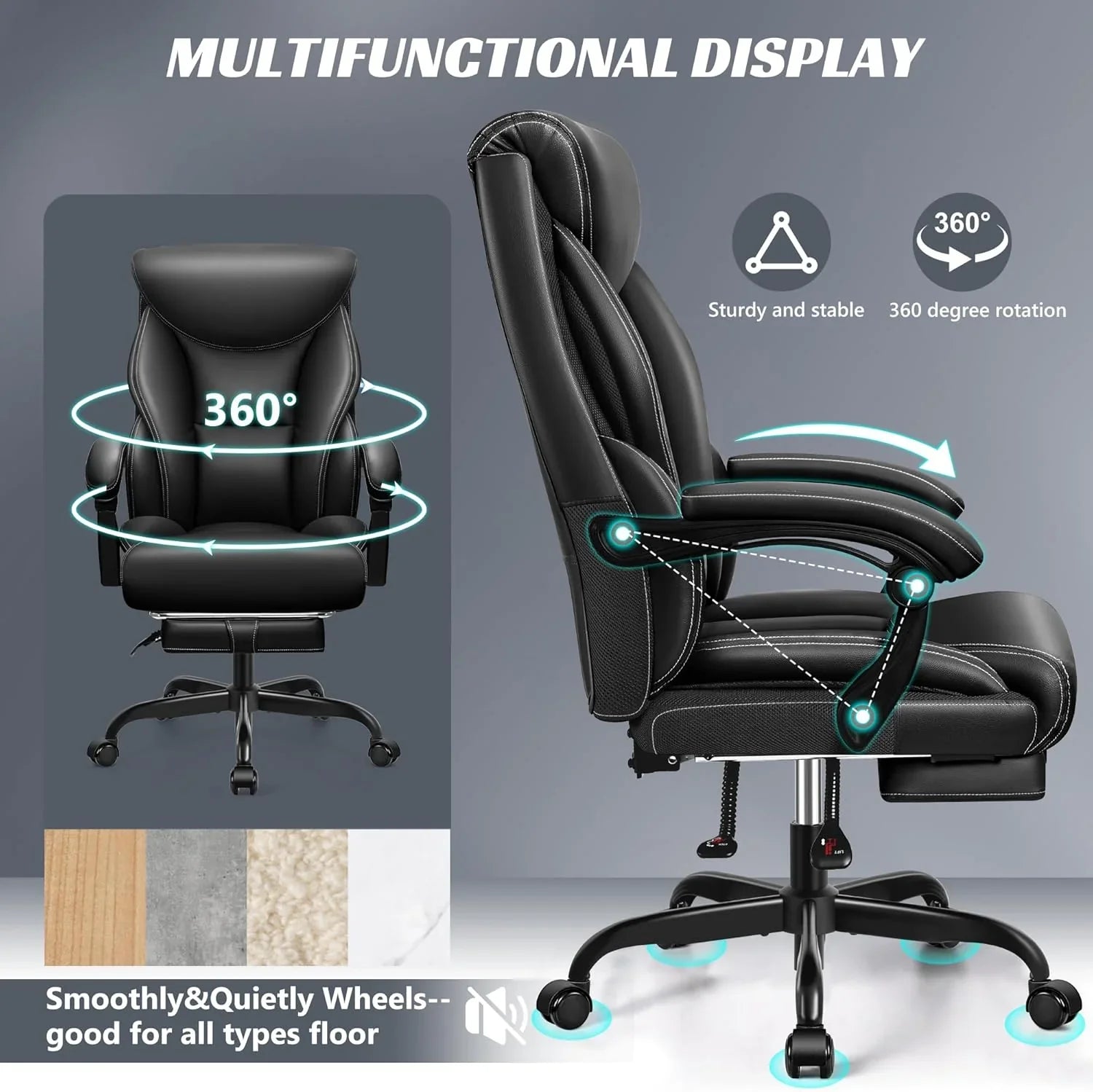 Chaise de bureau pivotante à pieds hauts, en cuir respirant, avec support lombaire