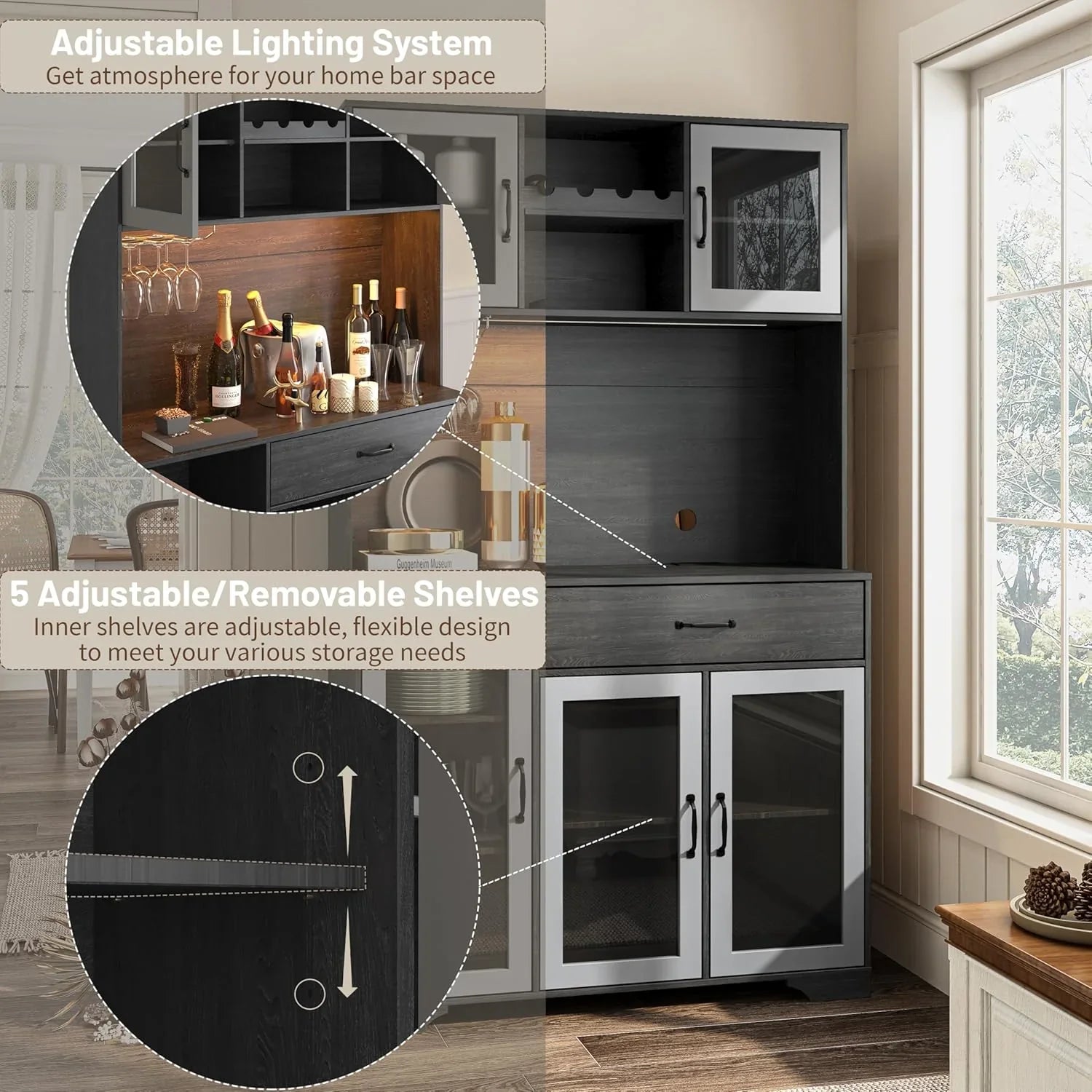 Armoire de garde-manger de 180 cm de haut avec portes vitrées