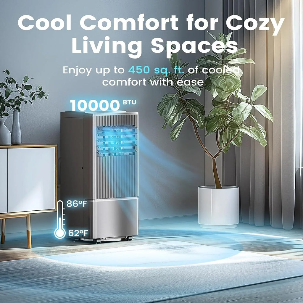 Climatiseur portatif Air Choice, 10 000 BTU, pour pièce jusqu'à 450 pi², télécommande, minuterie 24 h, modes déshumidificateur et ventilateur.