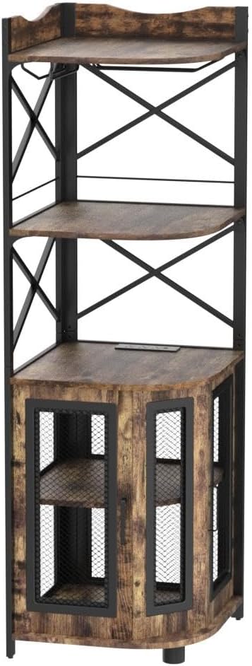 Meuble bar d'angle avec prise de courant, armoire à vin de style industriel avec bande lumineuse LED et support à verres, meuble bar à vin à cinq niveaux pour la maison, vitrine d'angle pour petit espace